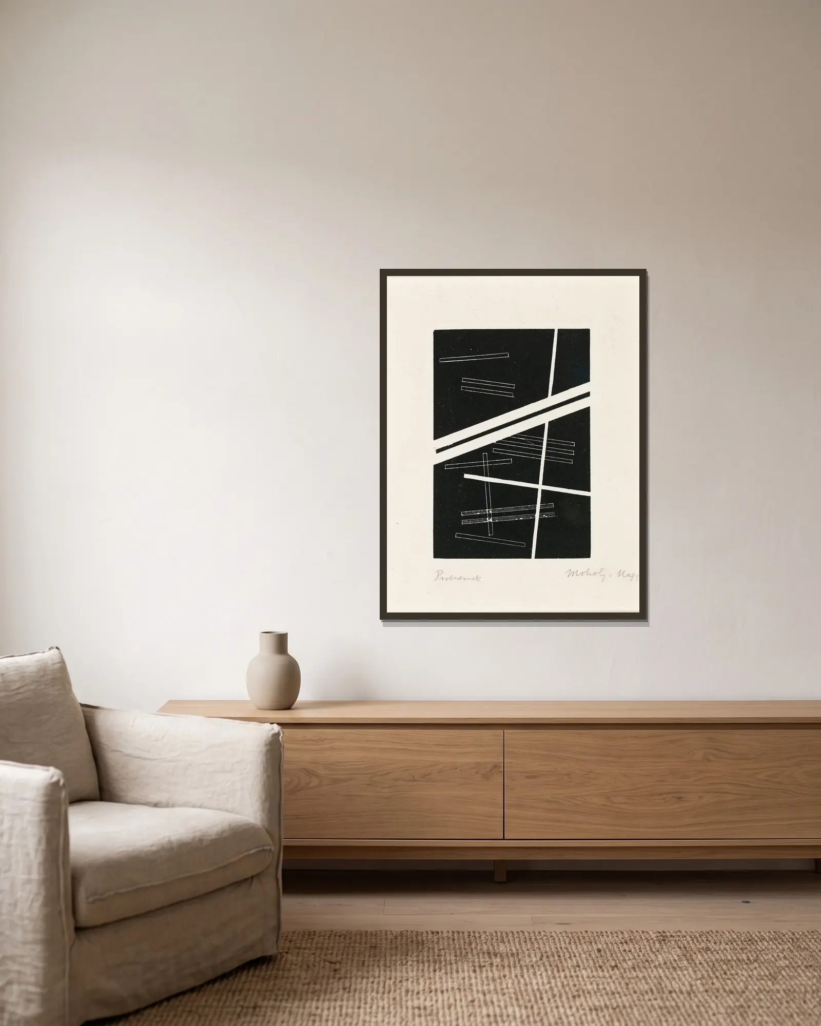 Untitled composition av László Moholy-Nagy inramad på en vägg