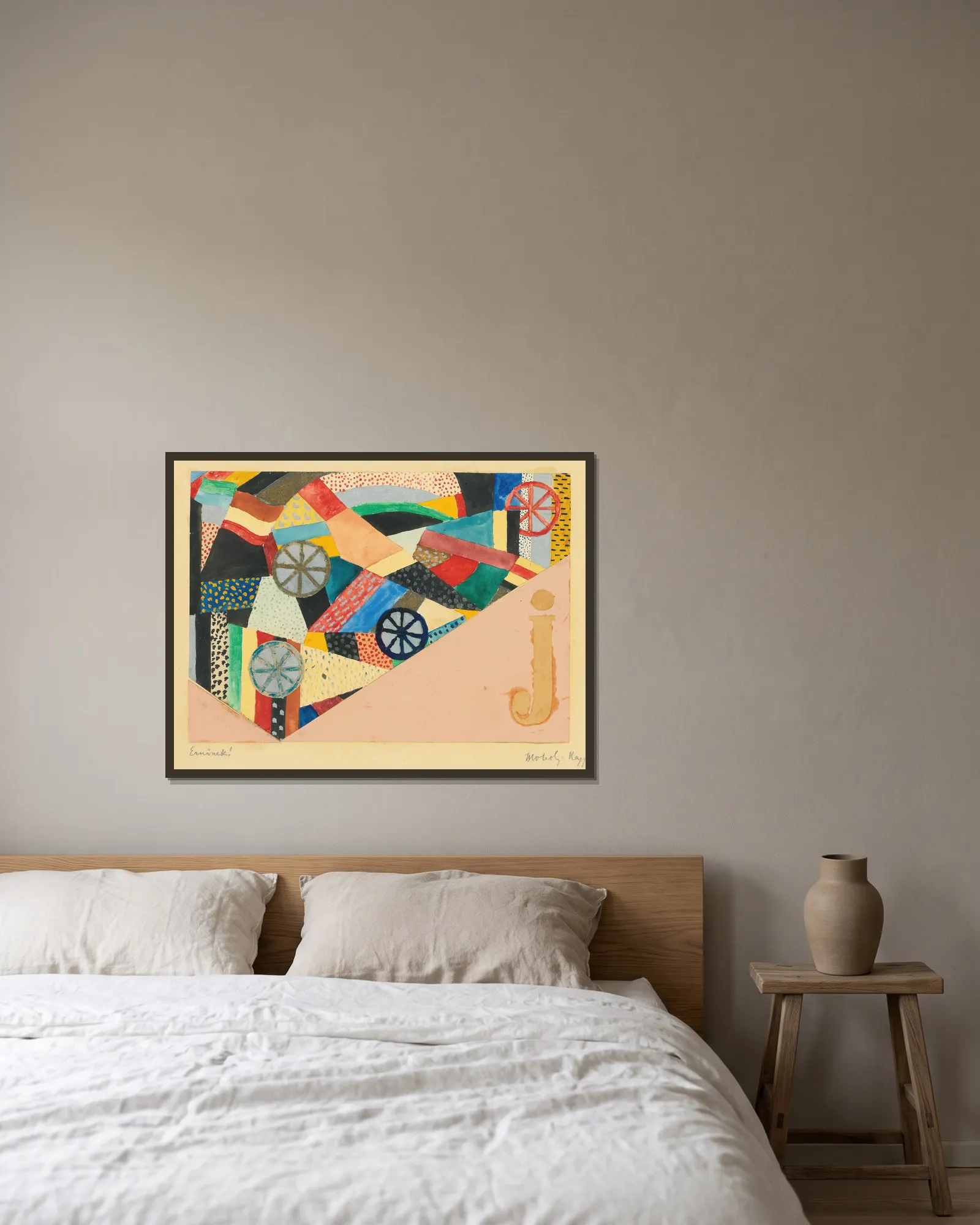 Untitled (J Under Fields; For Ernst Kallai)) av László Moholy-Nagy inramad på en vägg