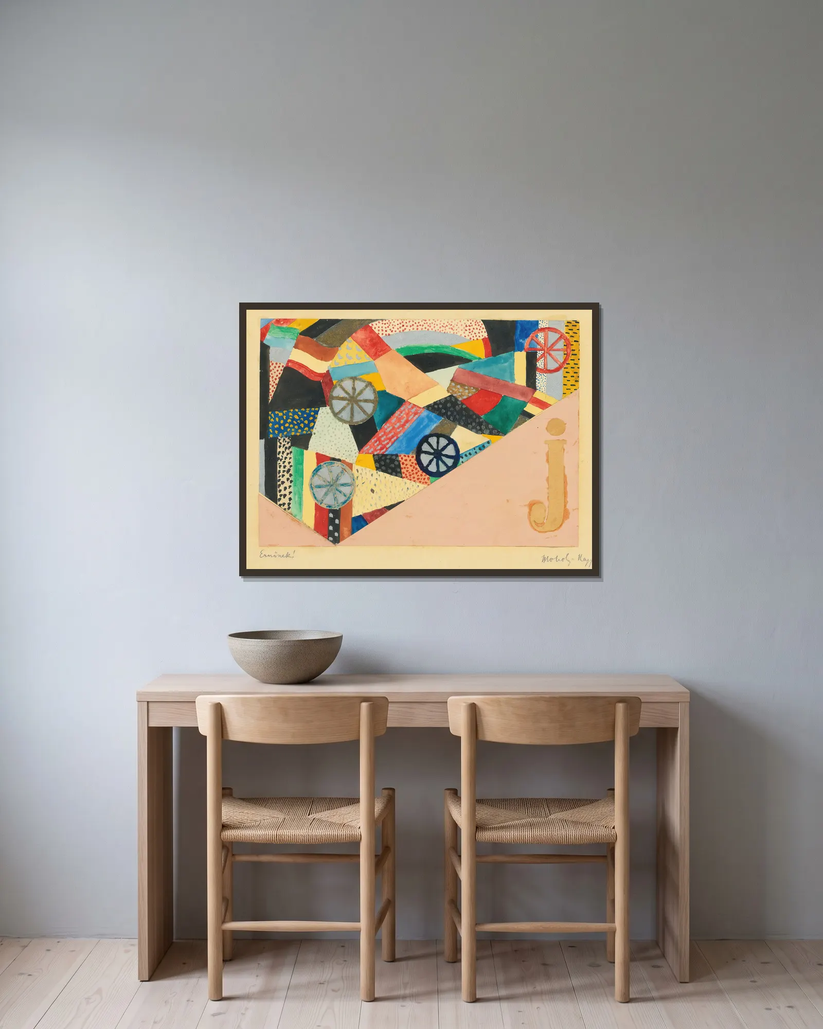 Untitled (J Under Fields; For Ernst Kallai)) av László Moholy-Nagy inramad på en vägg