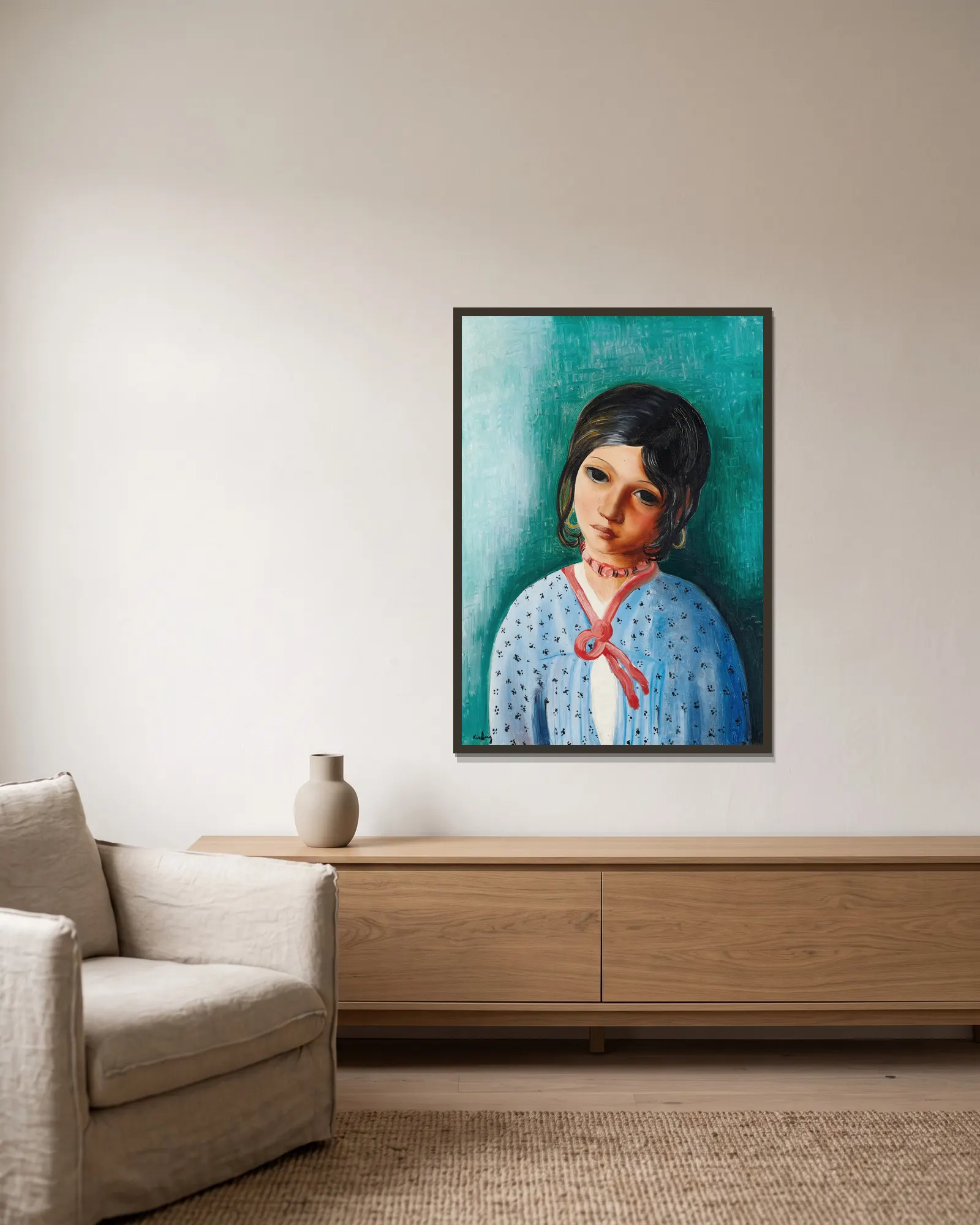 Portrait d’une enfant av Moïse Kisling inramad på en vägg
