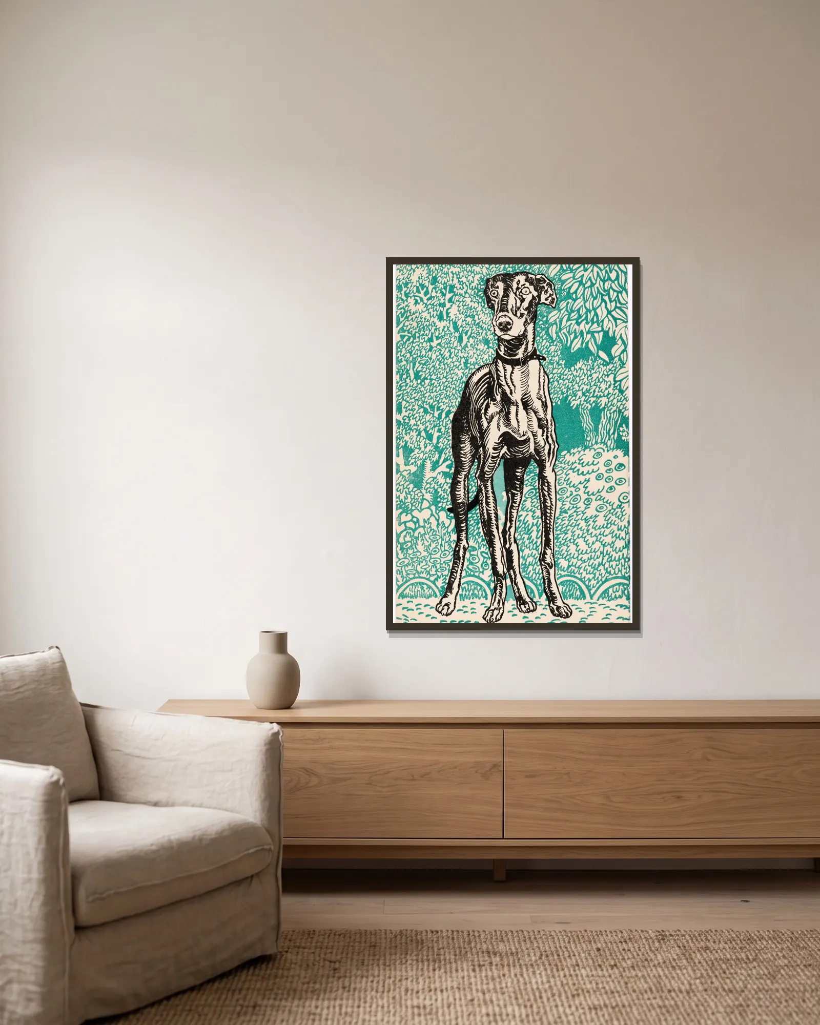 Nr. 678: Windhund (Greyhound) av Moriz Jung inramad på en vägg