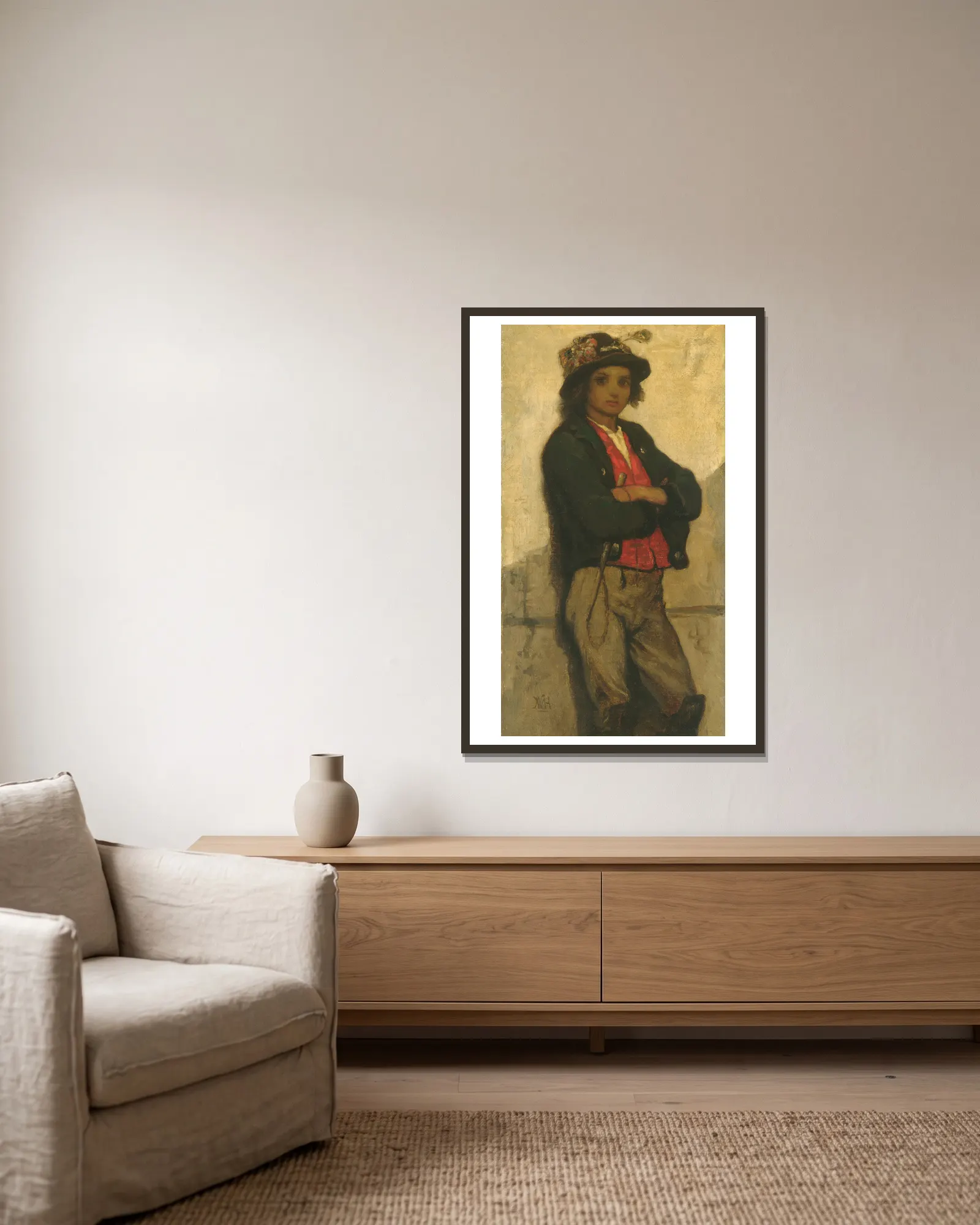 Italian Boy av William Morris Hunt inramad på en vägg