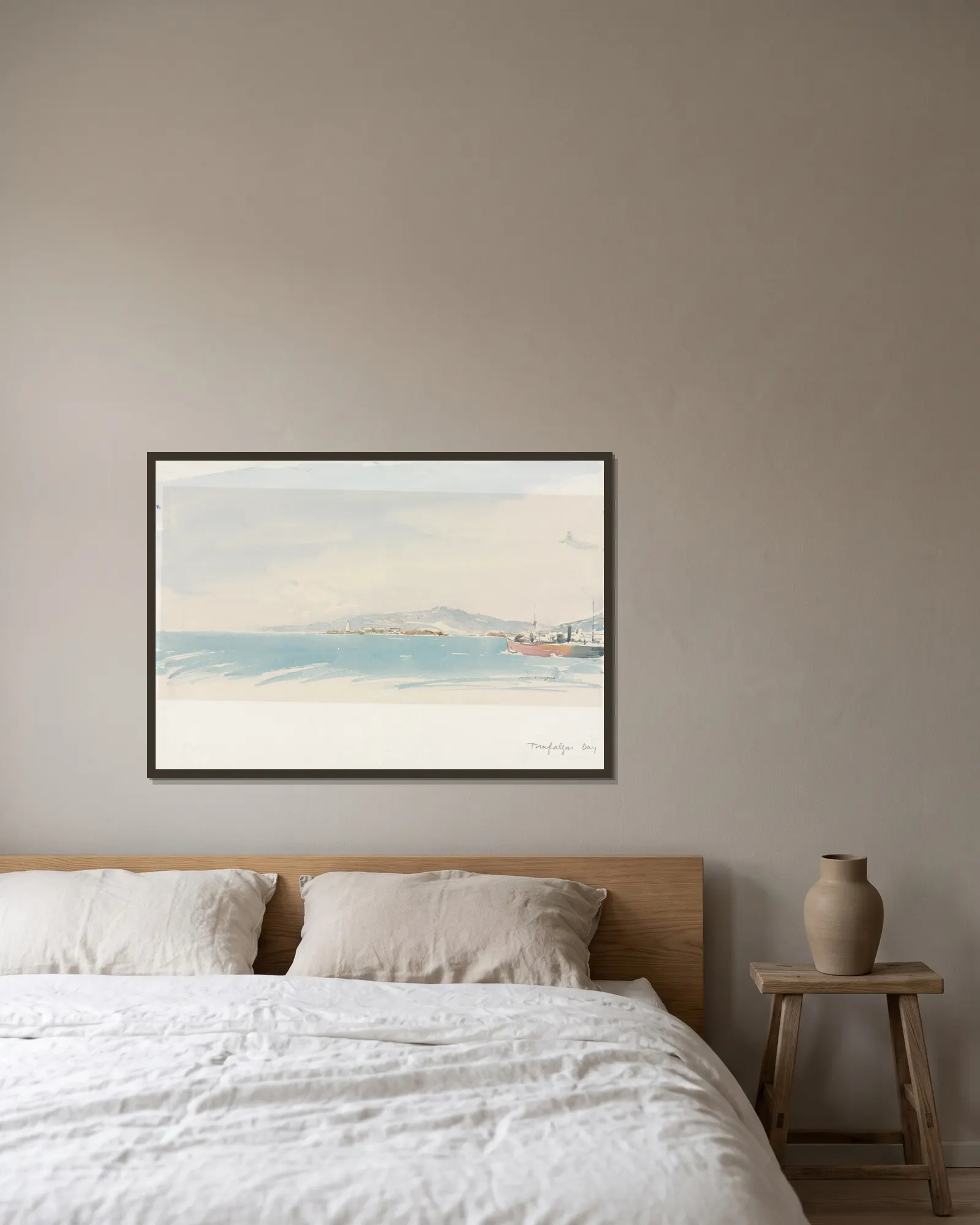 Trafalgar Bay, Spain av Muirhead Bone inramad på en vägg