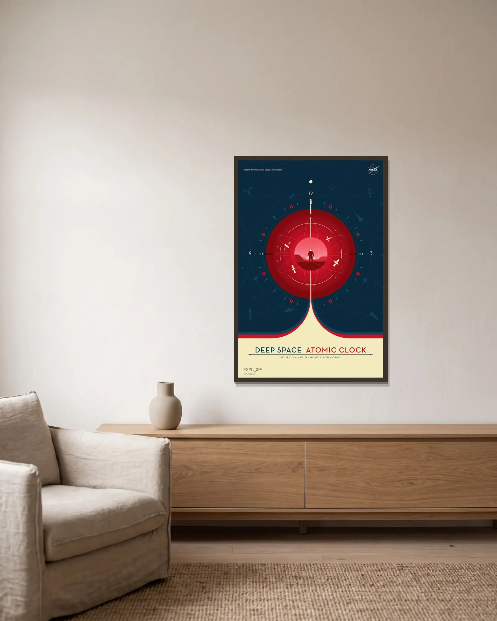 Deep Space Atomic Clock Red av NASA inramad på en vägg