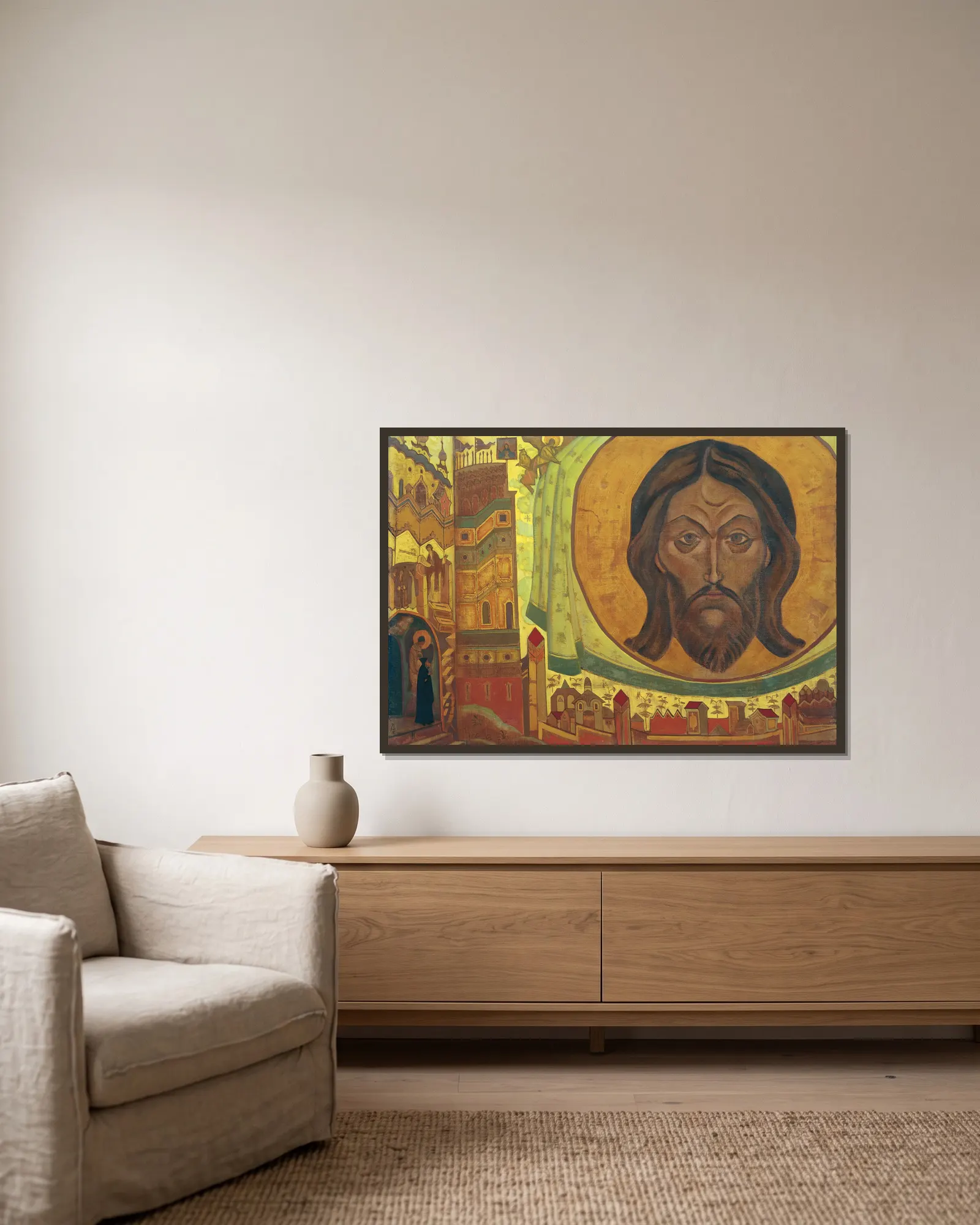 And We See av Nicholas Roerich inramad på en vägg