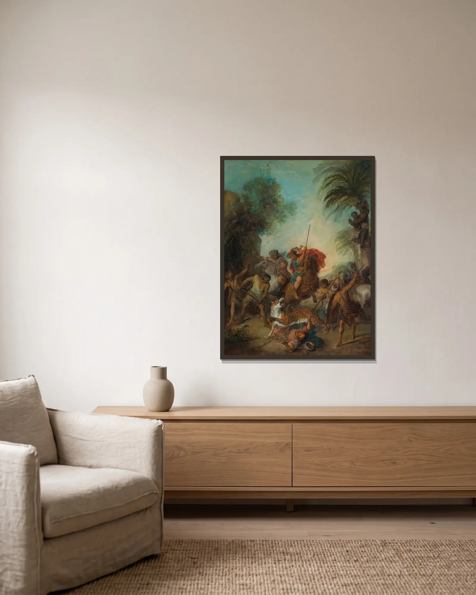 The Tiger Hunt av Nicolas Lancret inramad på en vägg
