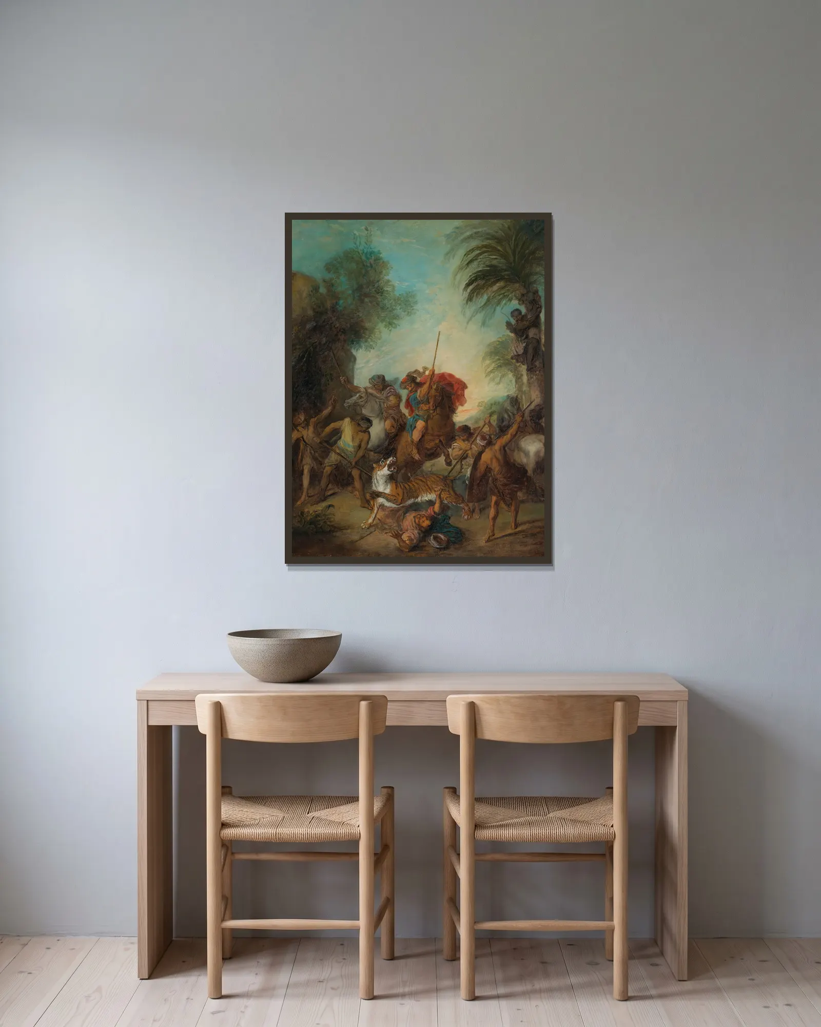 The Tiger Hunt av Nicolas Lancret inramad på en vägg
