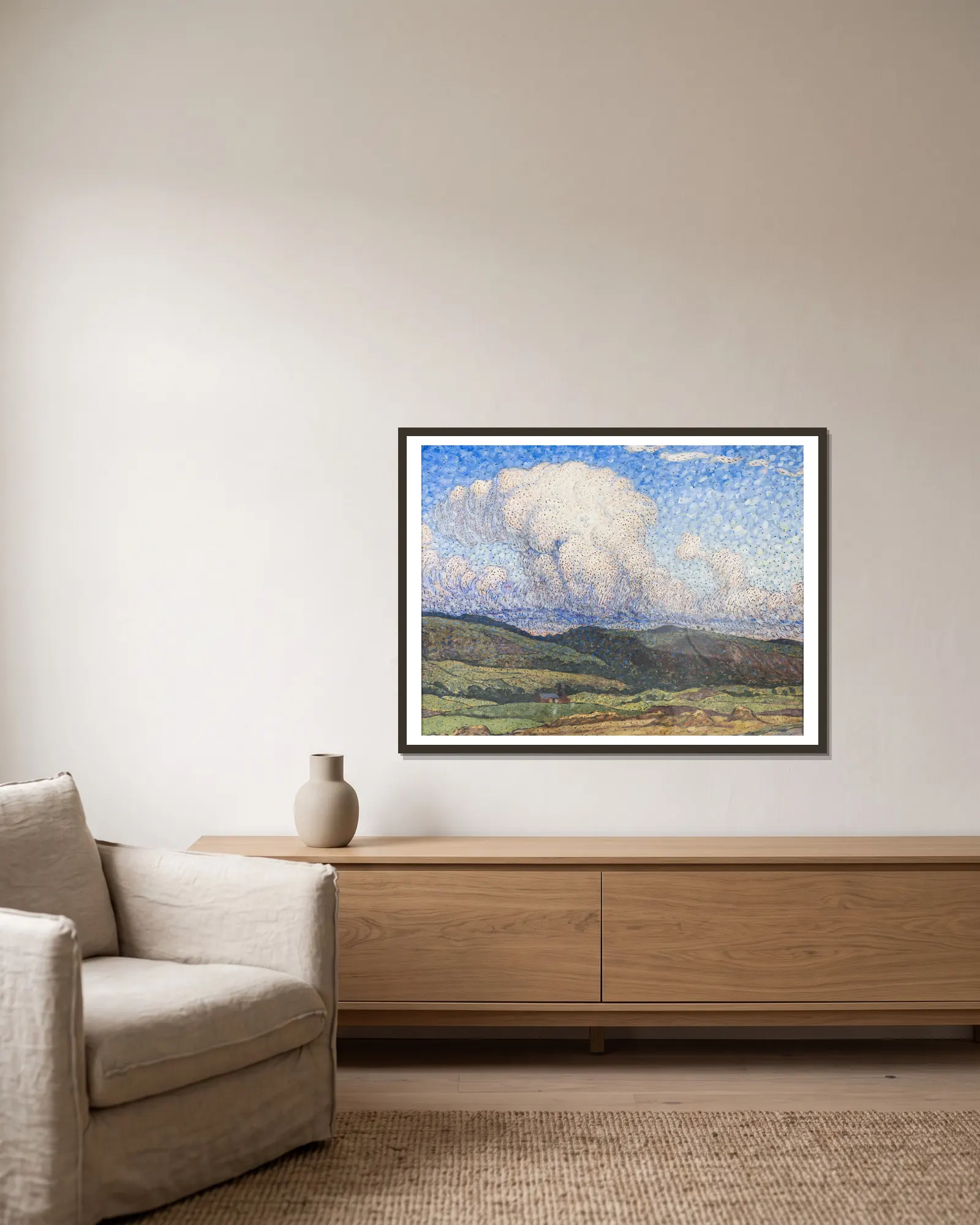 Sunlit Clouds av Nils Kreuger inramad på en vägg