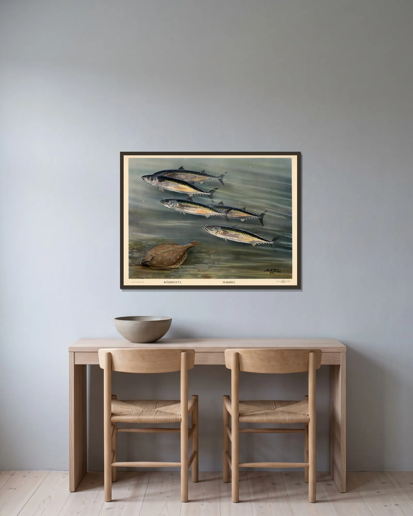 Rödspotta. Makrill. av Nils Tirén inramad på en vägg