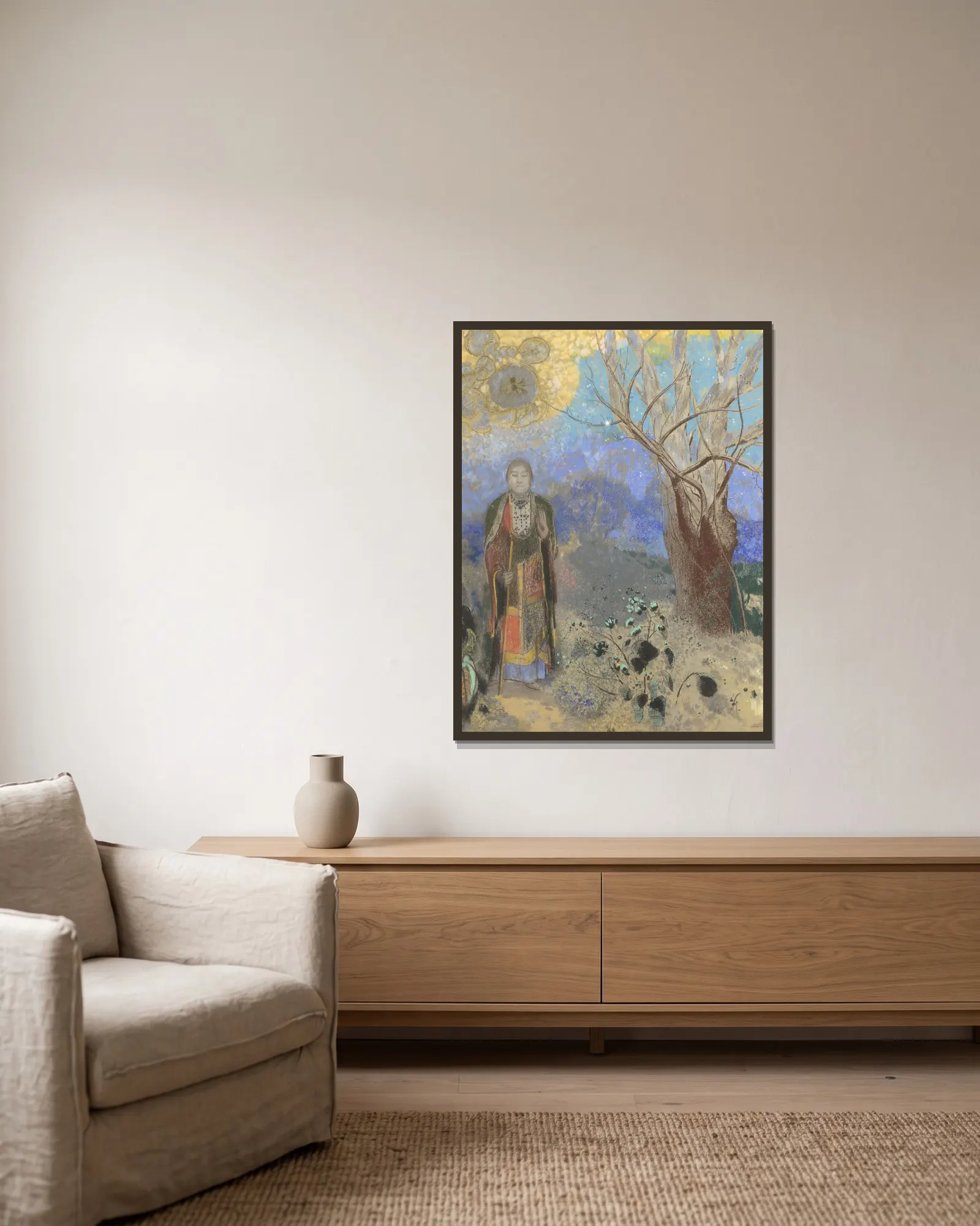 Buddha av Odilon Redon inramad på en vägg