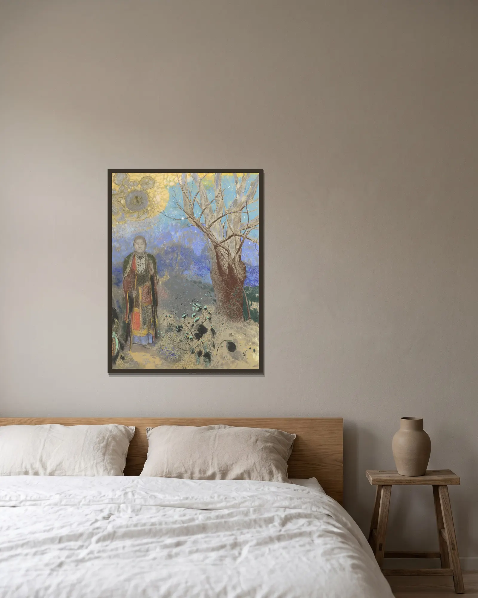 Buddha av Odilon Redon inramad på en vägg