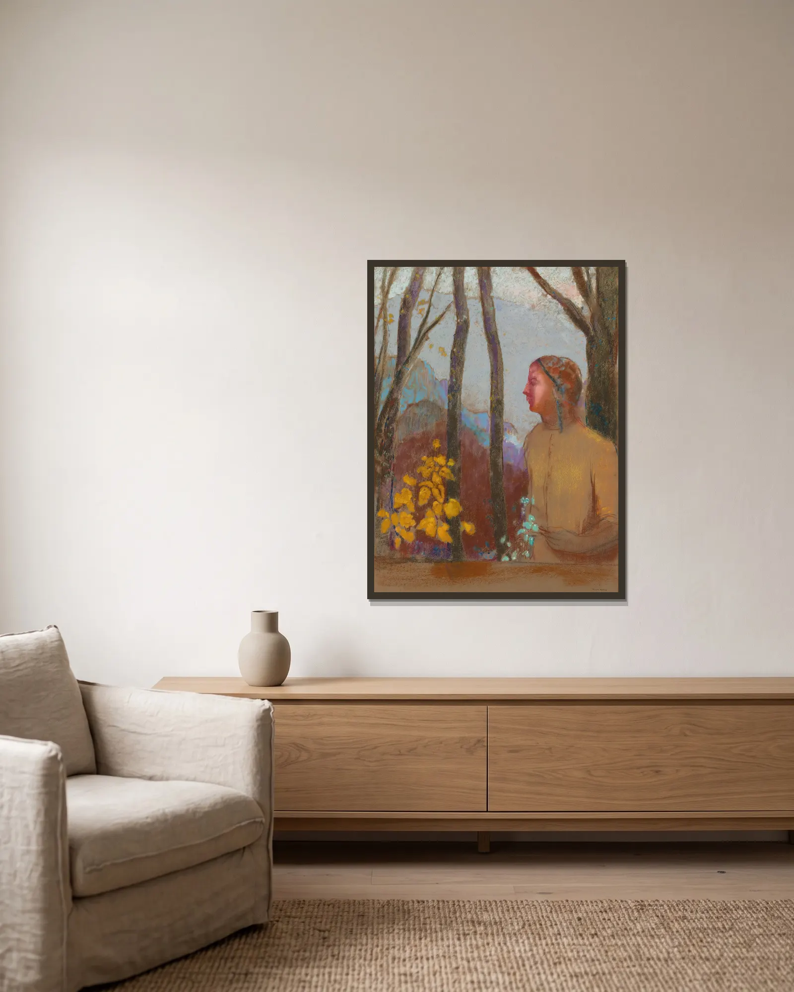 Évocation (Femme À La Montagne) av Odilon Redon inramad på en vägg