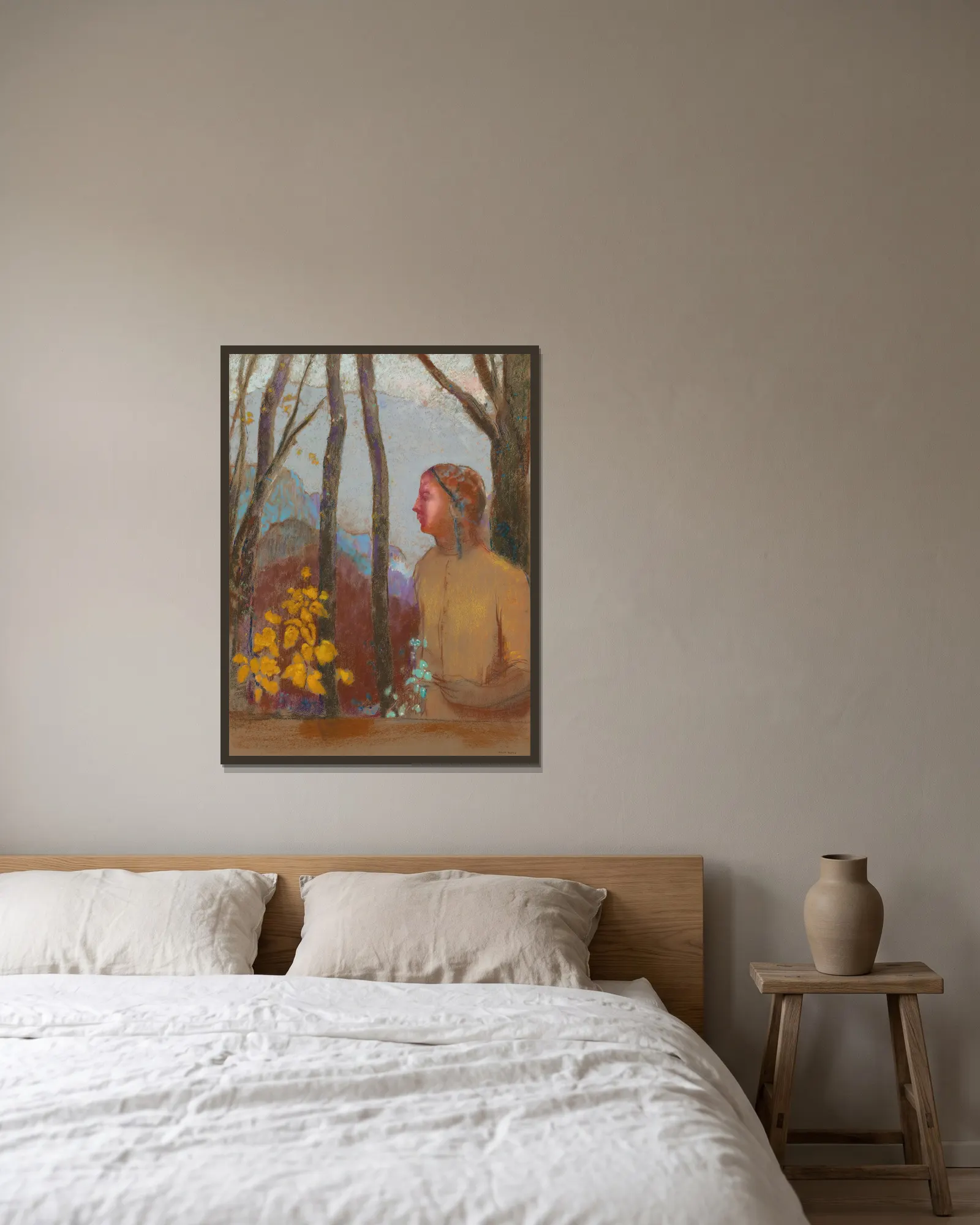 Évocation (Femme À La Montagne) av Odilon Redon inramad på en vägg