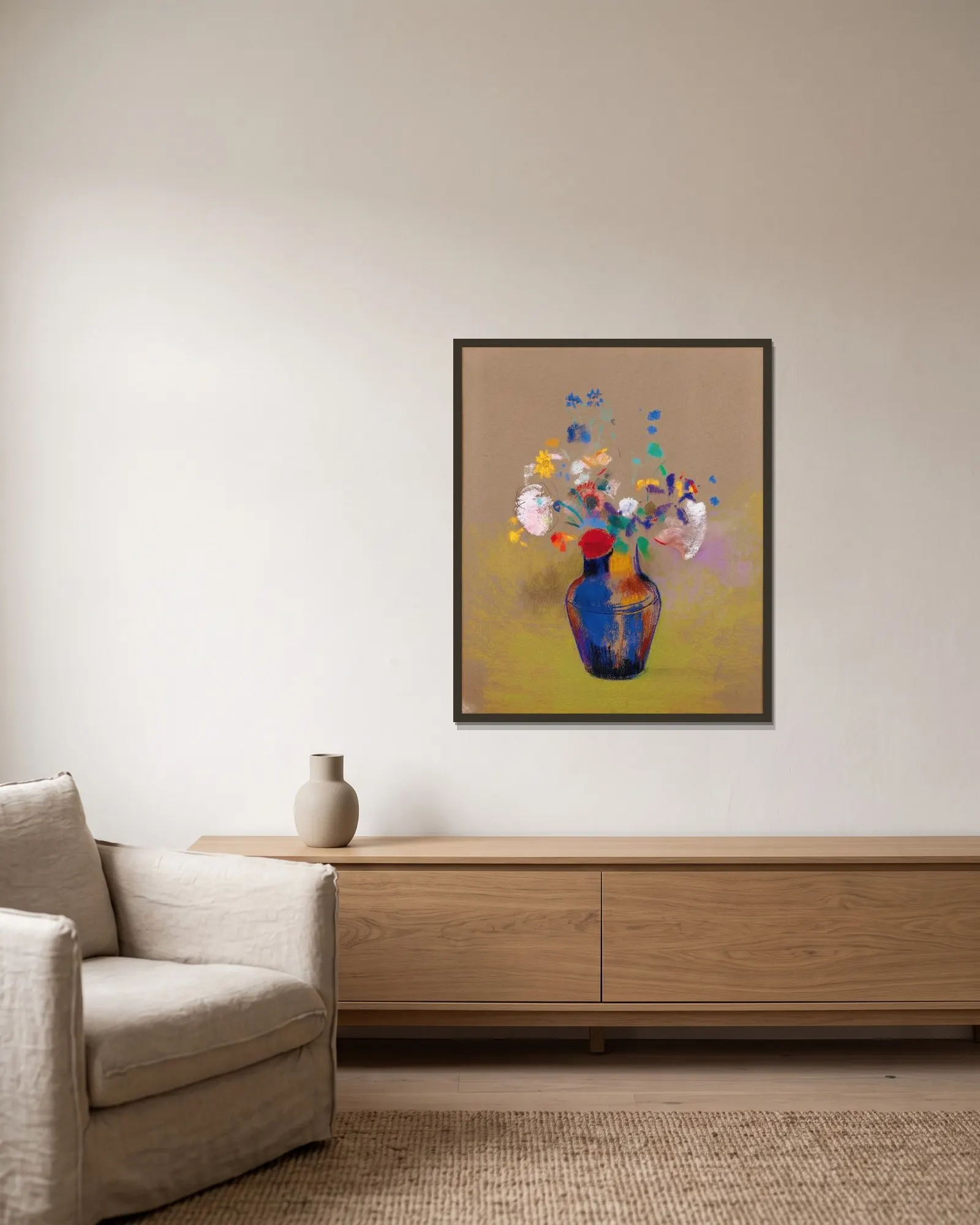 Fleurs Sur Fond Gris av Odilon Redon inramad på en vägg