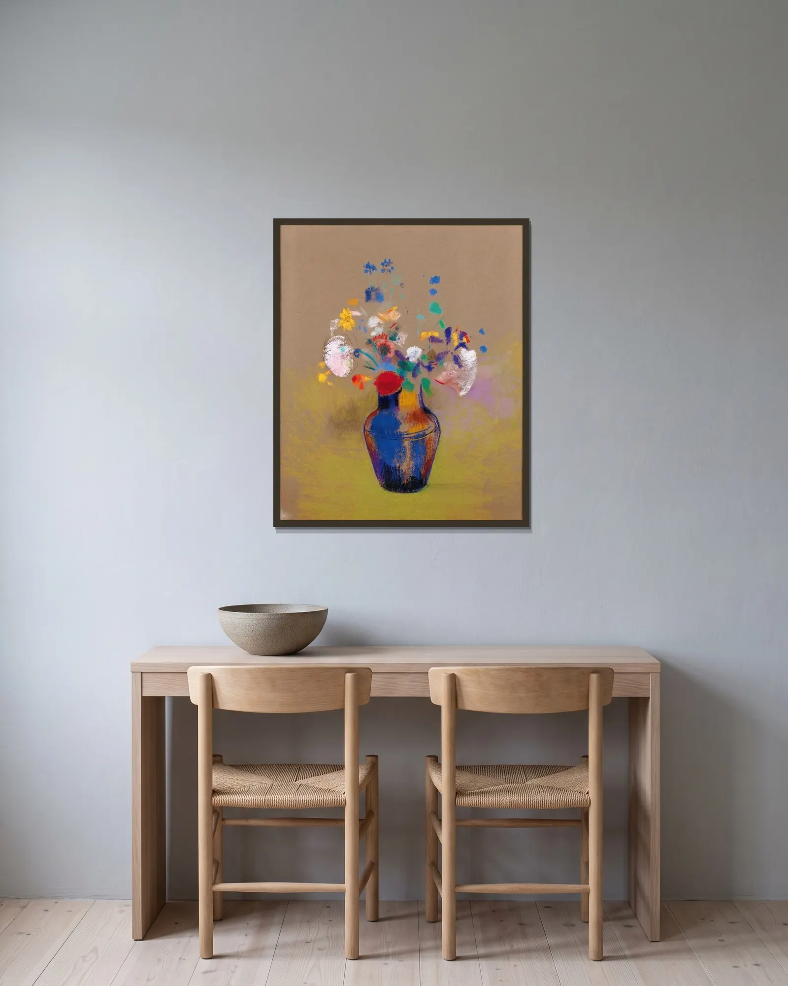 Fleurs Sur Fond Gris av Odilon Redon inramad på en vägg