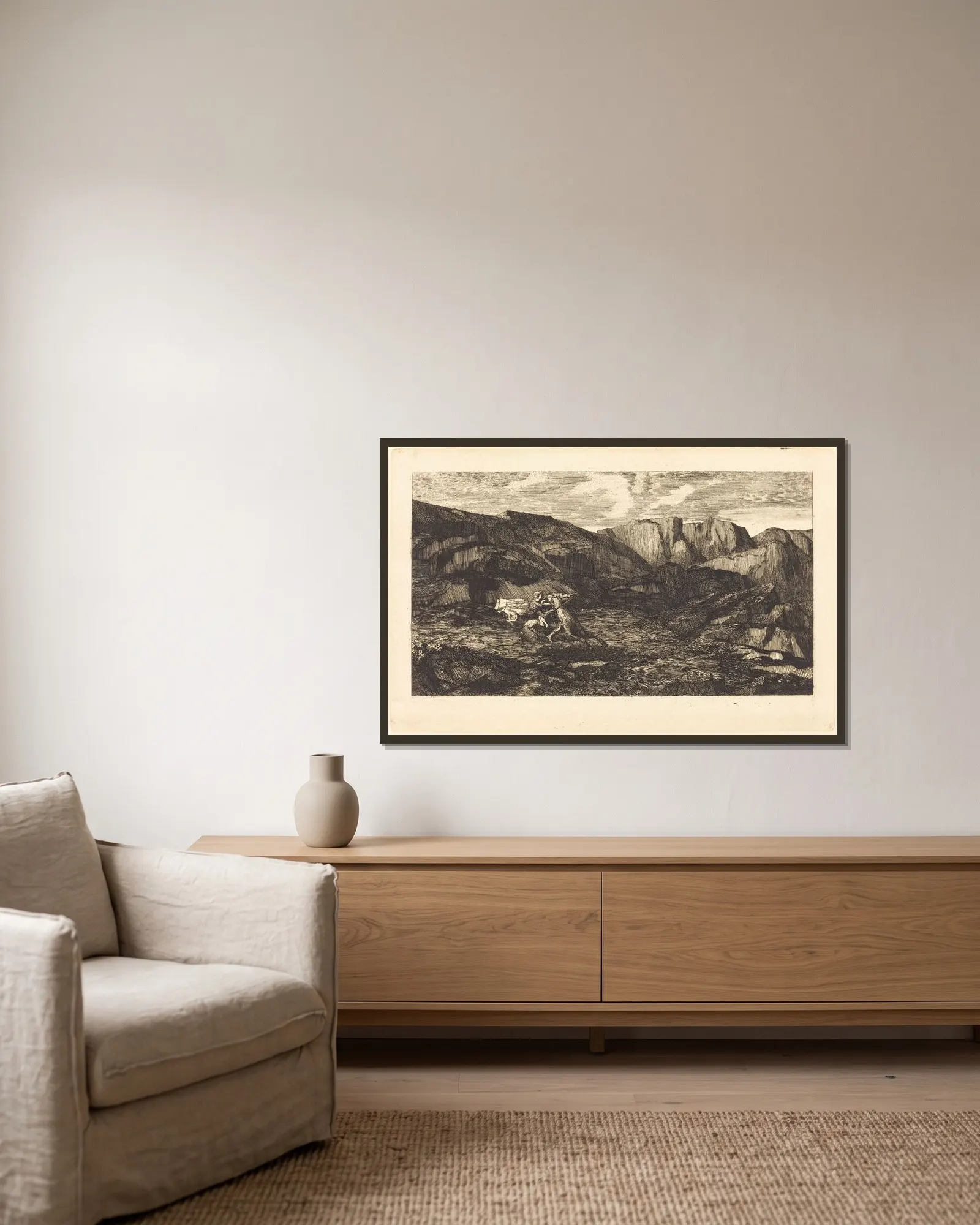 La Peur (Fear) av Odilon Redon inramad på en vägg
