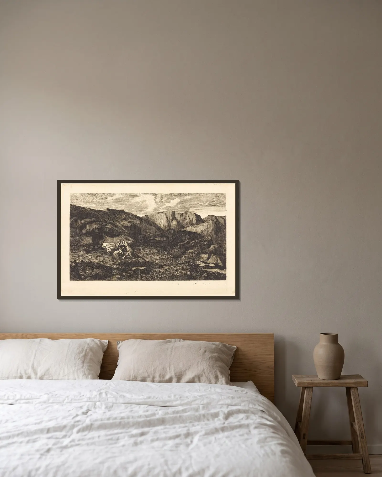 La Peur (Fear) av Odilon Redon inramad på en vägg