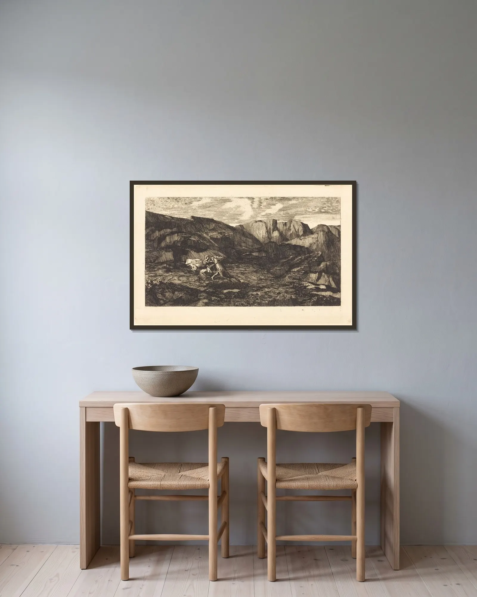 La Peur (Fear) av Odilon Redon inramad på en vägg