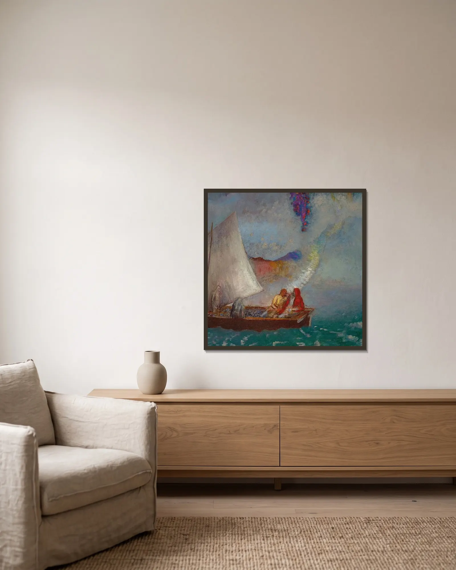 La Voile grise av Odilon Redon inramad på en vägg