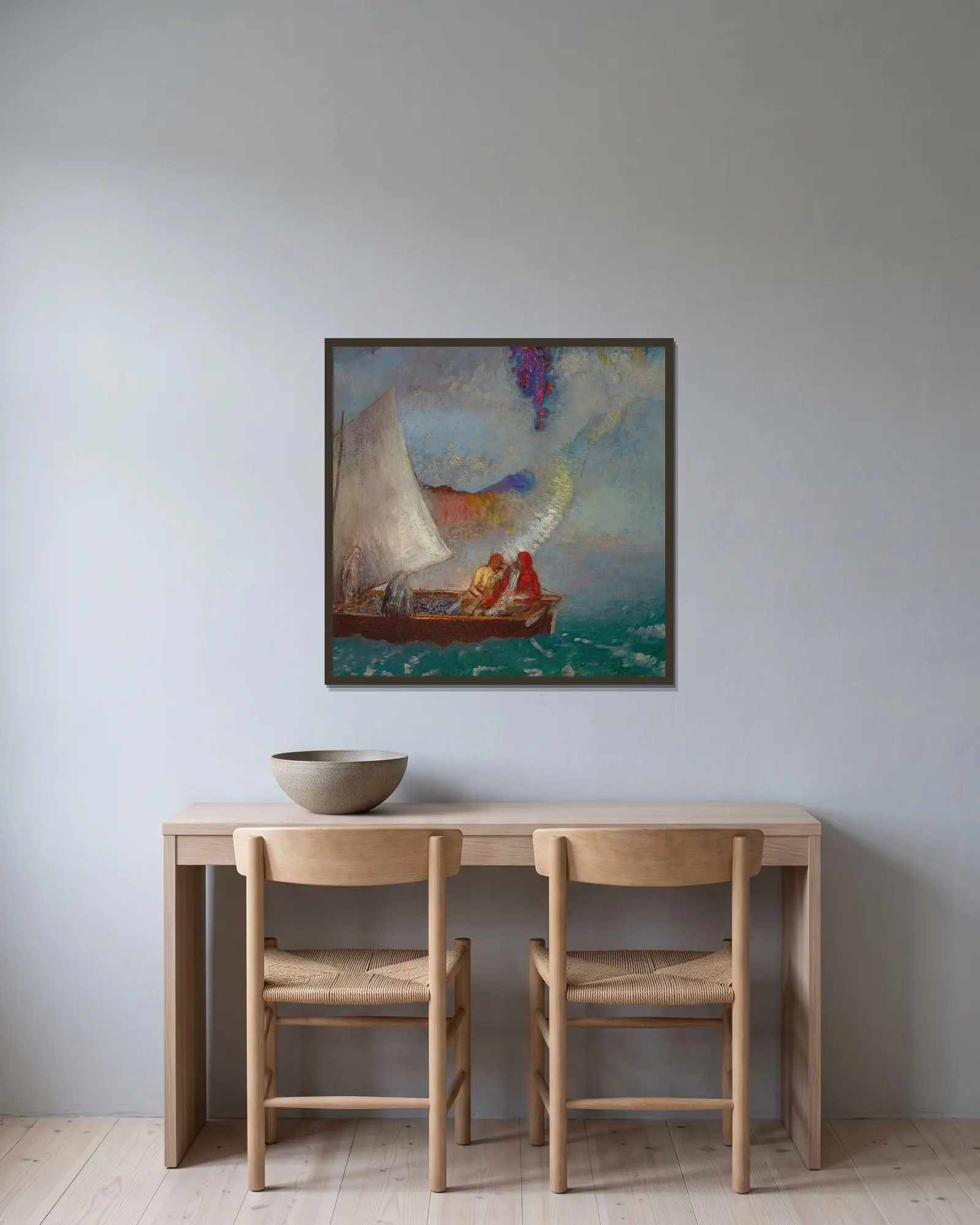 La Voile grise av Odilon Redon inramad på en vägg