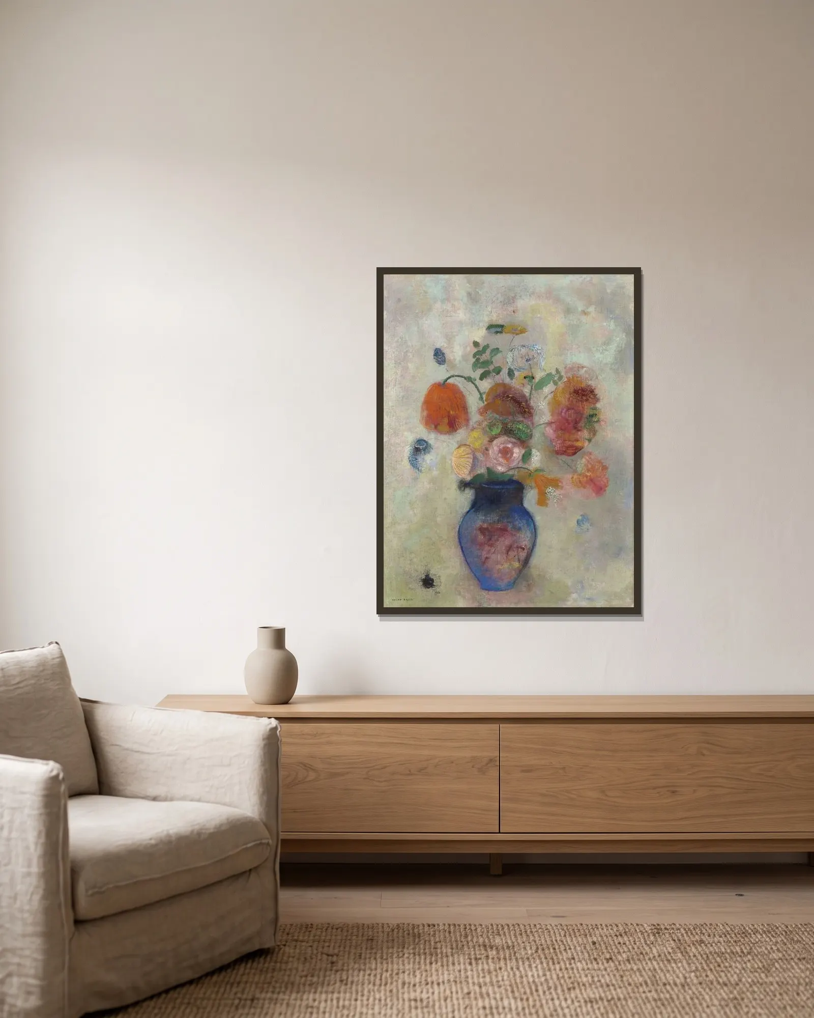 Large Vase with Flowers av Odilon Redon inramad på en vägg