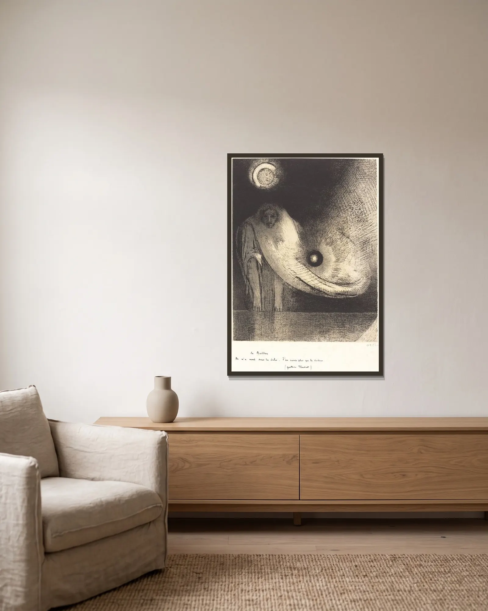 Le Buddha av Odilon Redon inramad på en vägg