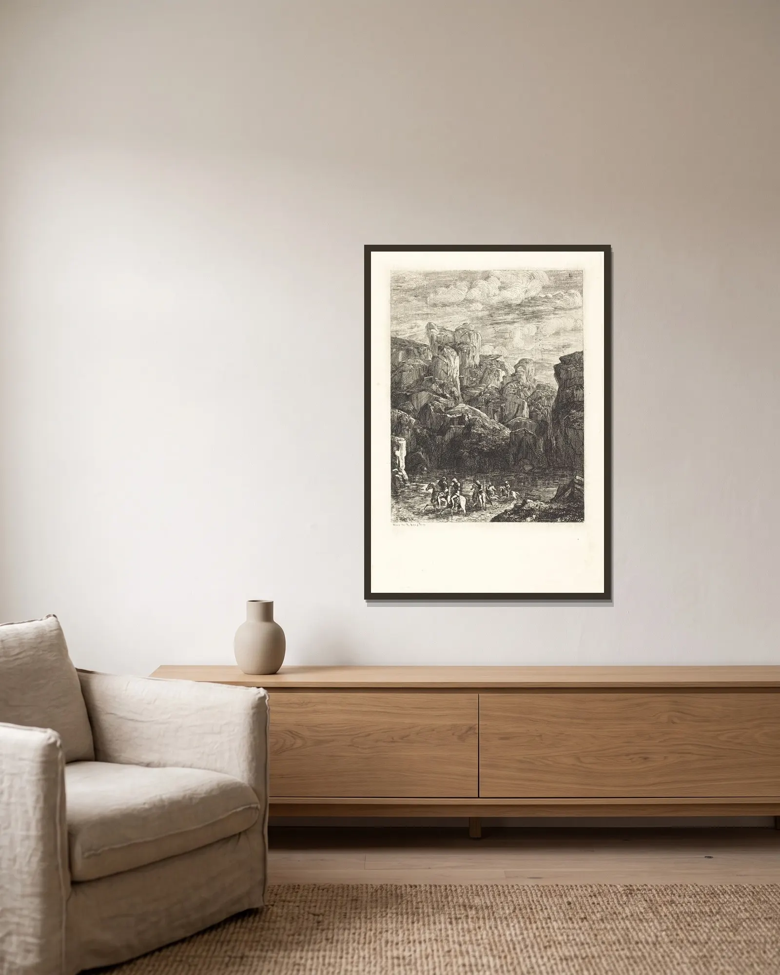 Le Gue (The Ford) av Odilon Redon inramad på en vägg