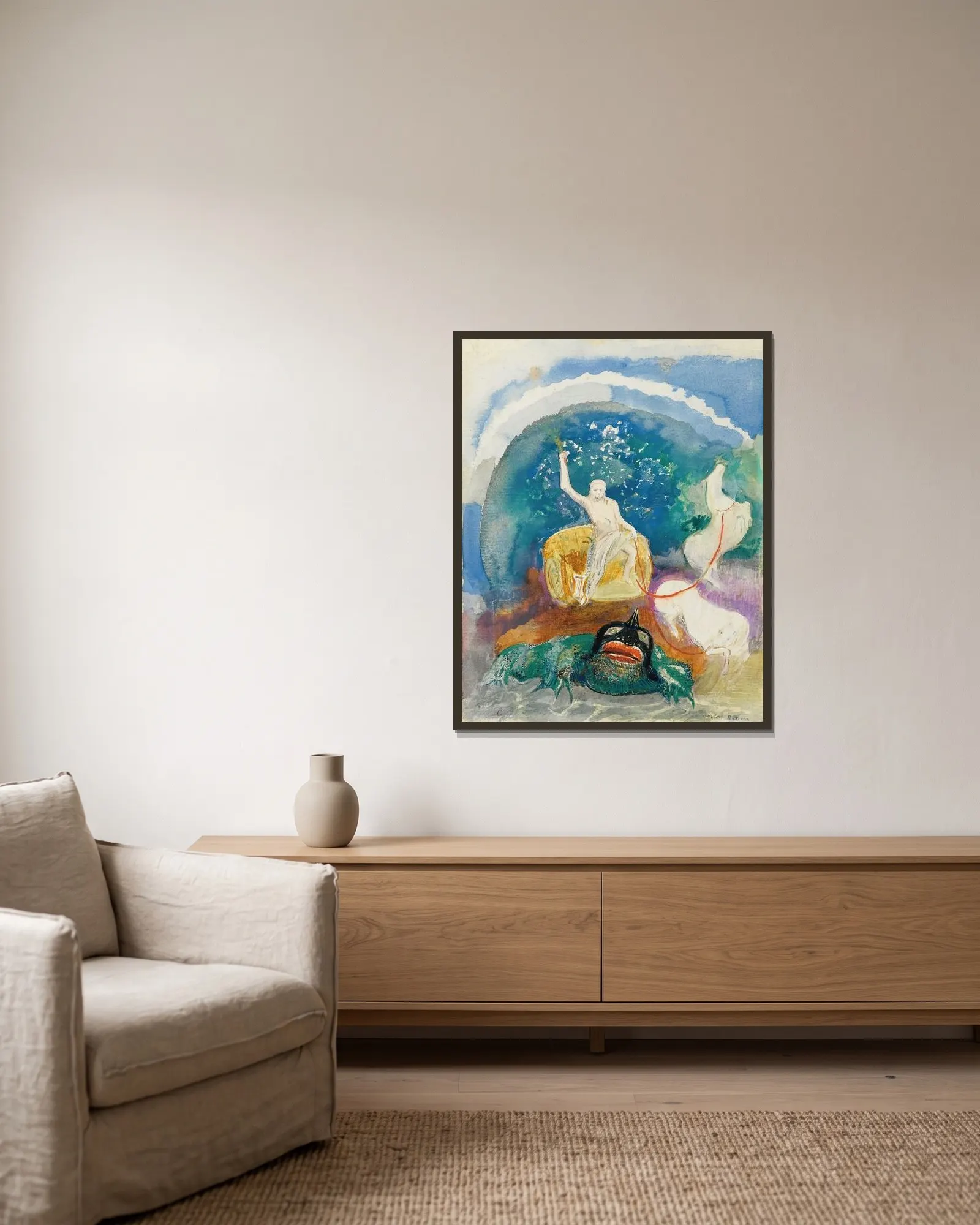 Le Monstre Vert (Apollon Chevauchant Le Serpent Python) av Odilon Redon inramad på en vägg