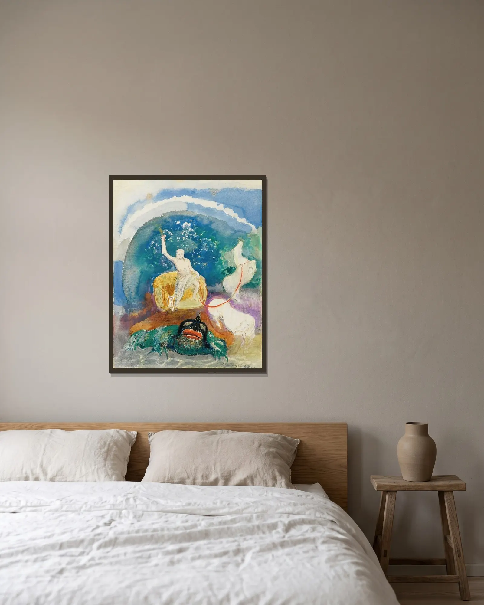 Le Monstre Vert (Apollon Chevauchant Le Serpent Python) av Odilon Redon inramad på en vägg