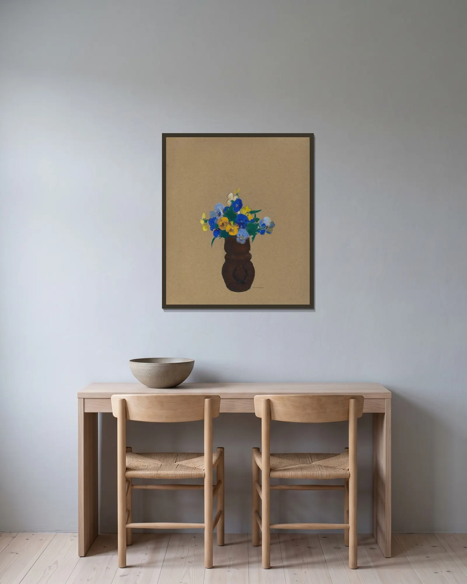 Pansies av Odilon Redon inramad på en vägg