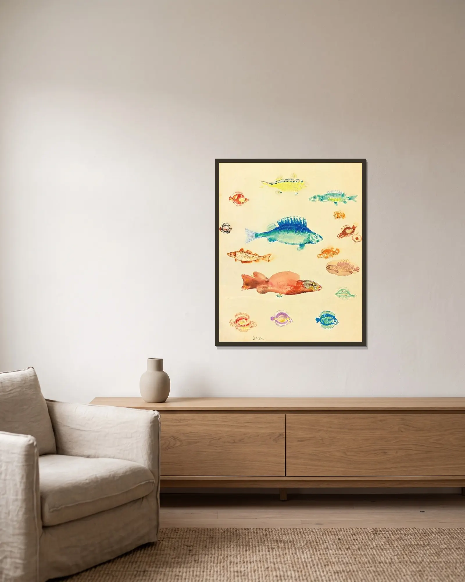 Poissons av Odilon Redon inramad på en vägg