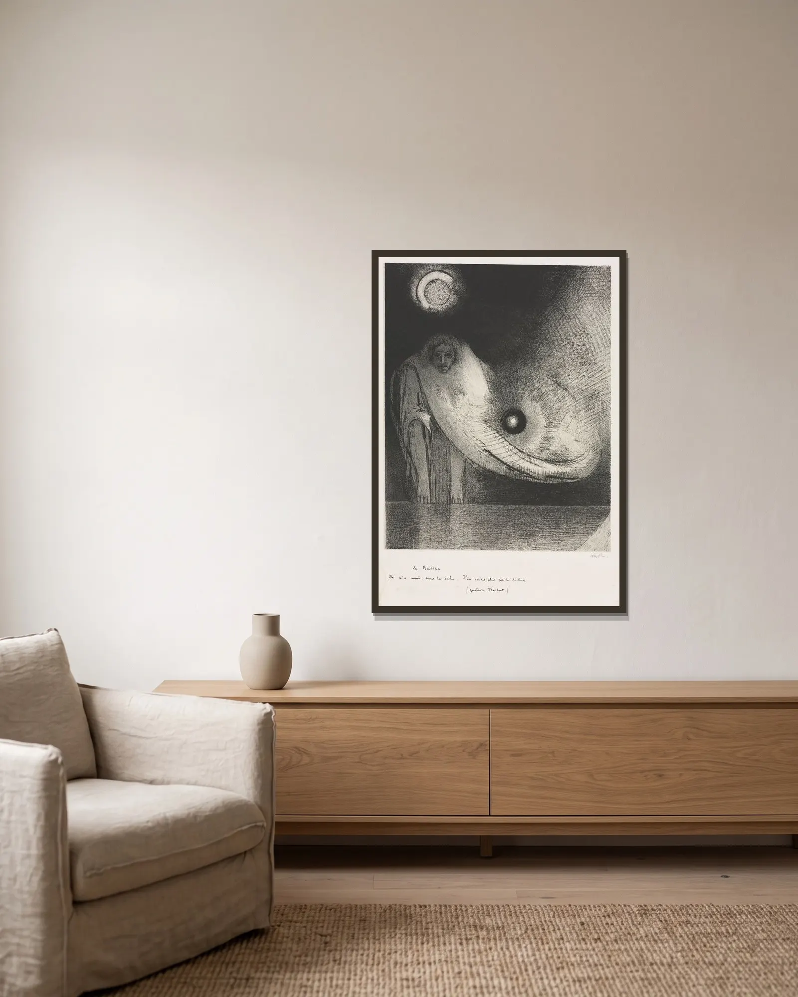 The Buddha av Odilon Redon inramad på en vägg