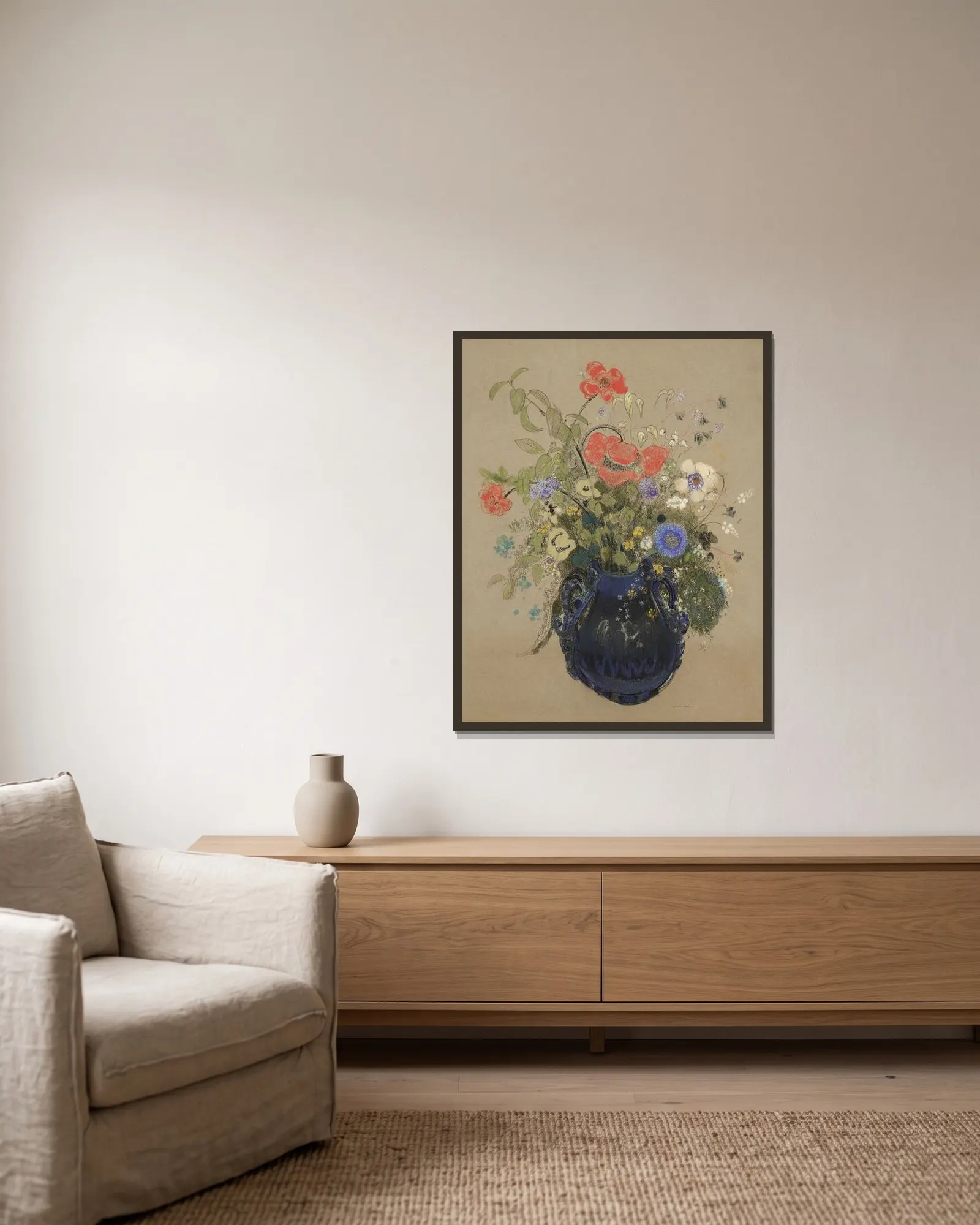Vase de fleurs av Odilon Redon inramad på en vägg