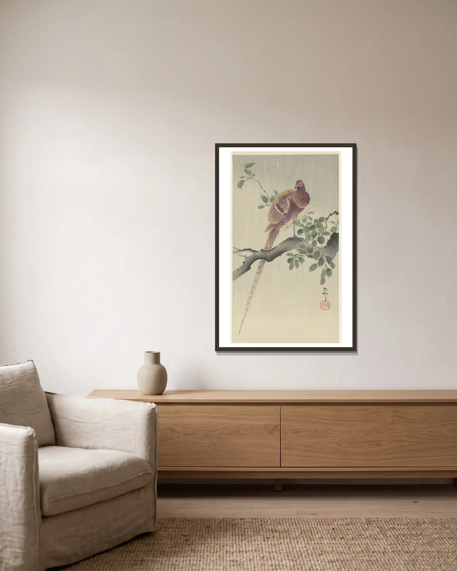 Copper pheasant av Ohara Koson inramad på en vägg
