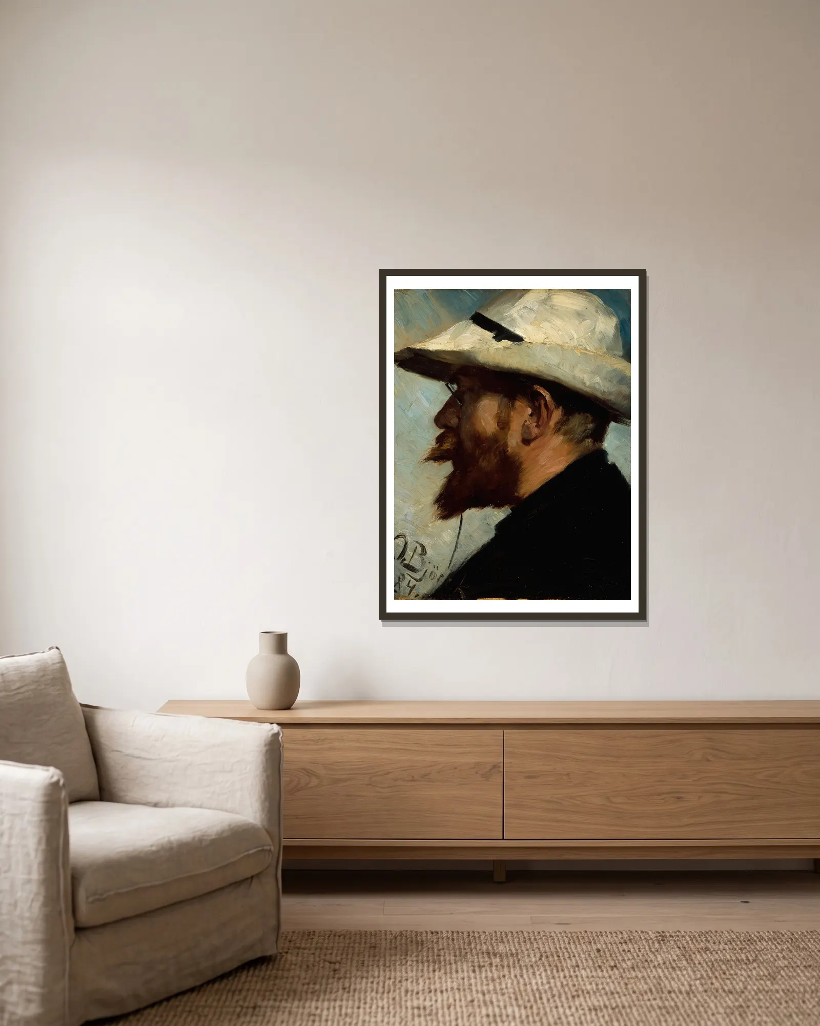 Porträtt av P.S. Krøyer av Oscar Björck inramad på en vägg