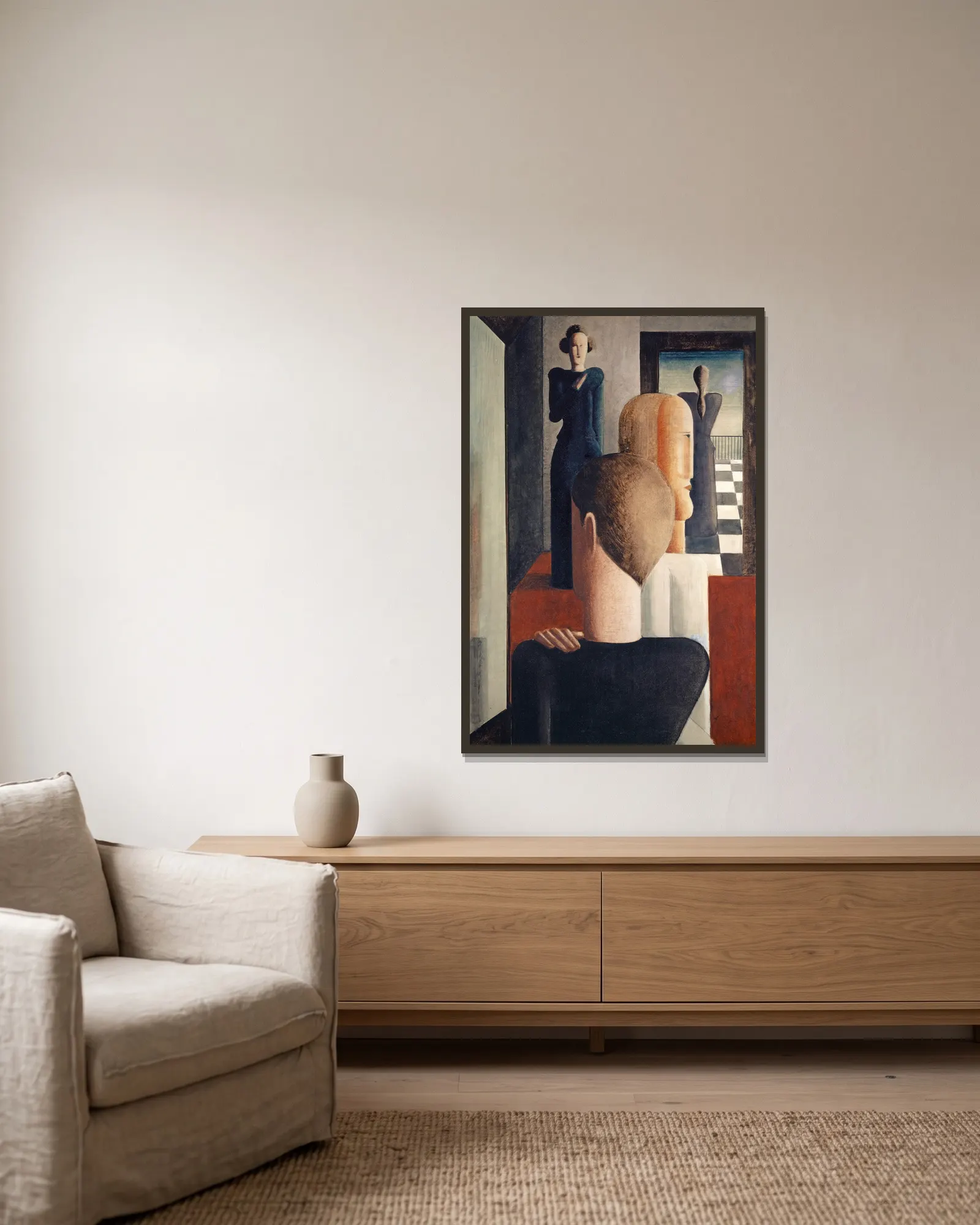 Interior with Five Figures, Roman av Oskar Schlemmer inramad på en vägg