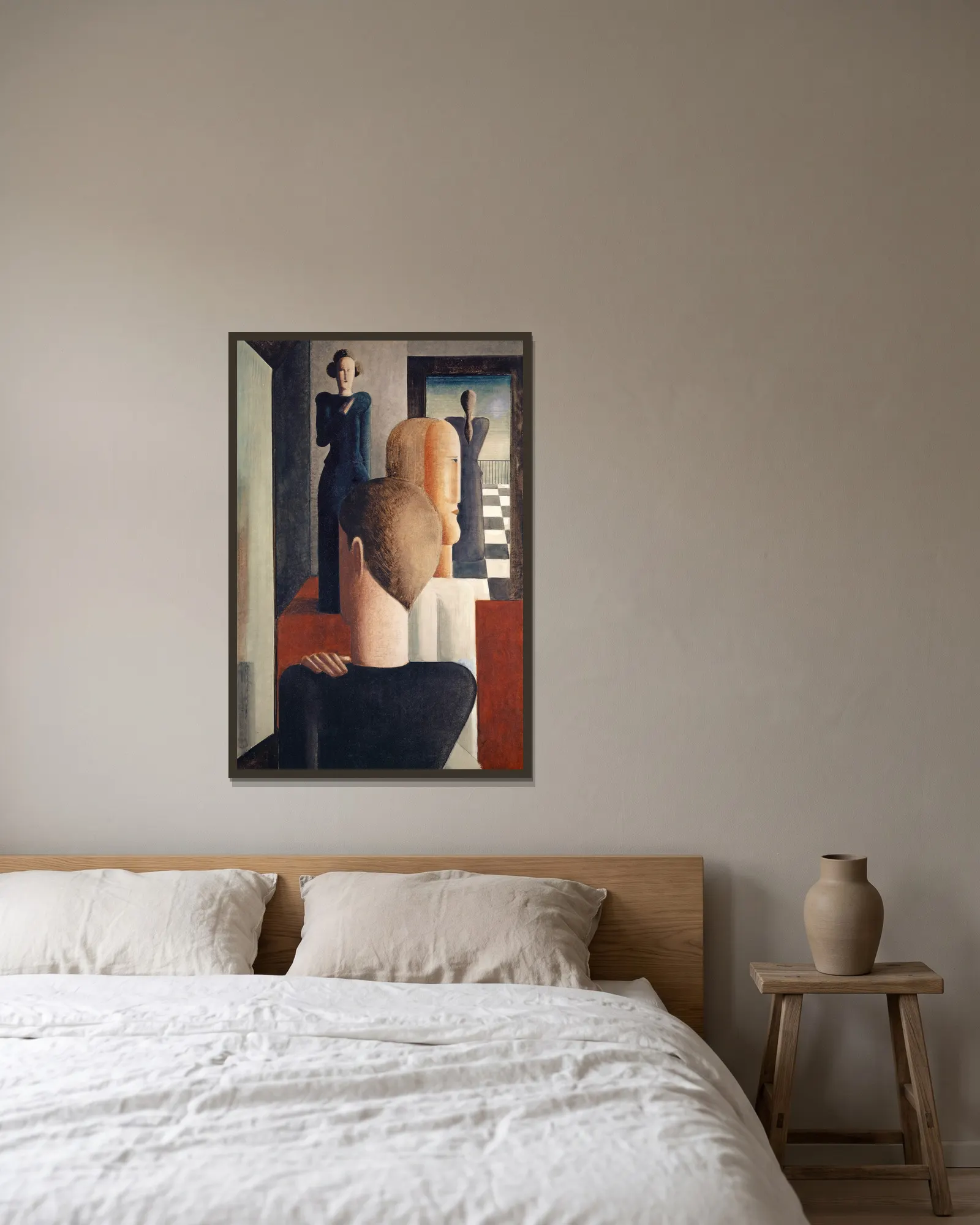 Interior with Five Figures, Roman av Oskar Schlemmer inramad på en vägg