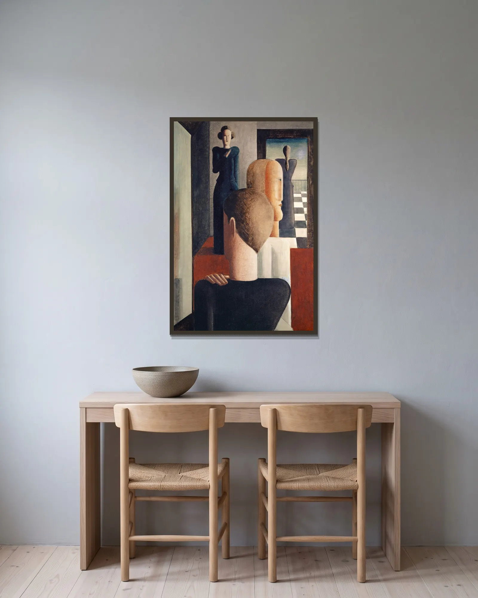 Interior with Five Figures, Roman av Oskar Schlemmer inramad på en vägg