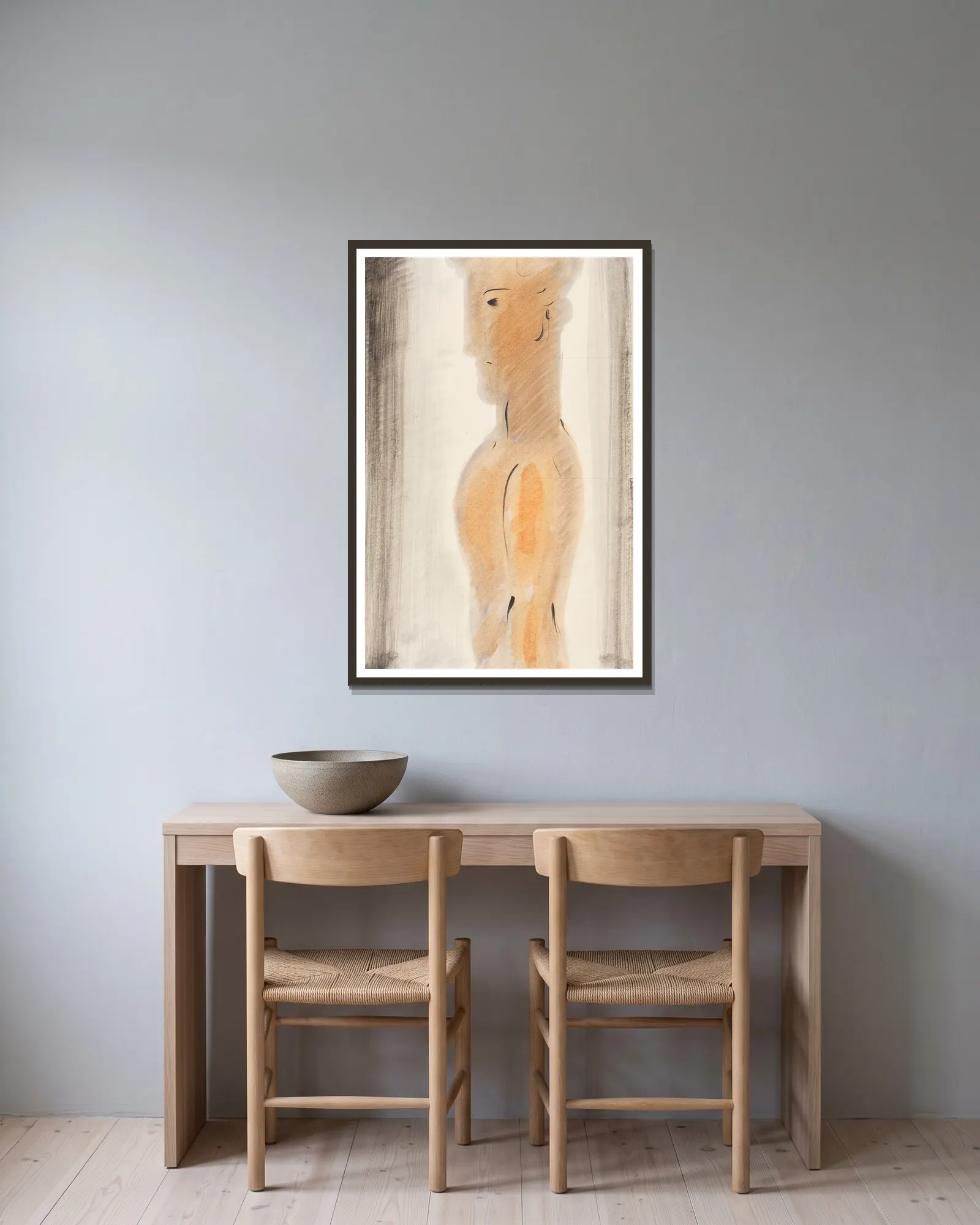 Jünglingsfigur im Profil av Oskar Schlemmer inramad på en vägg