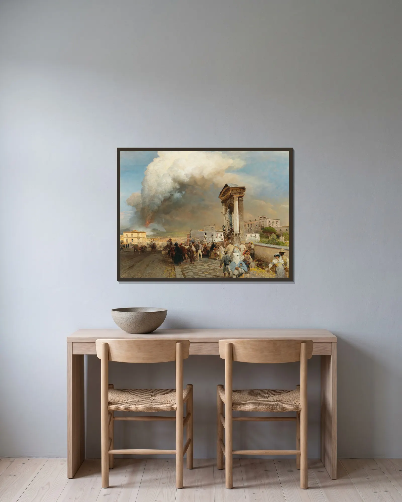 Ausbruch des Vesuv av Oswald Achenbach inramad på en vägg