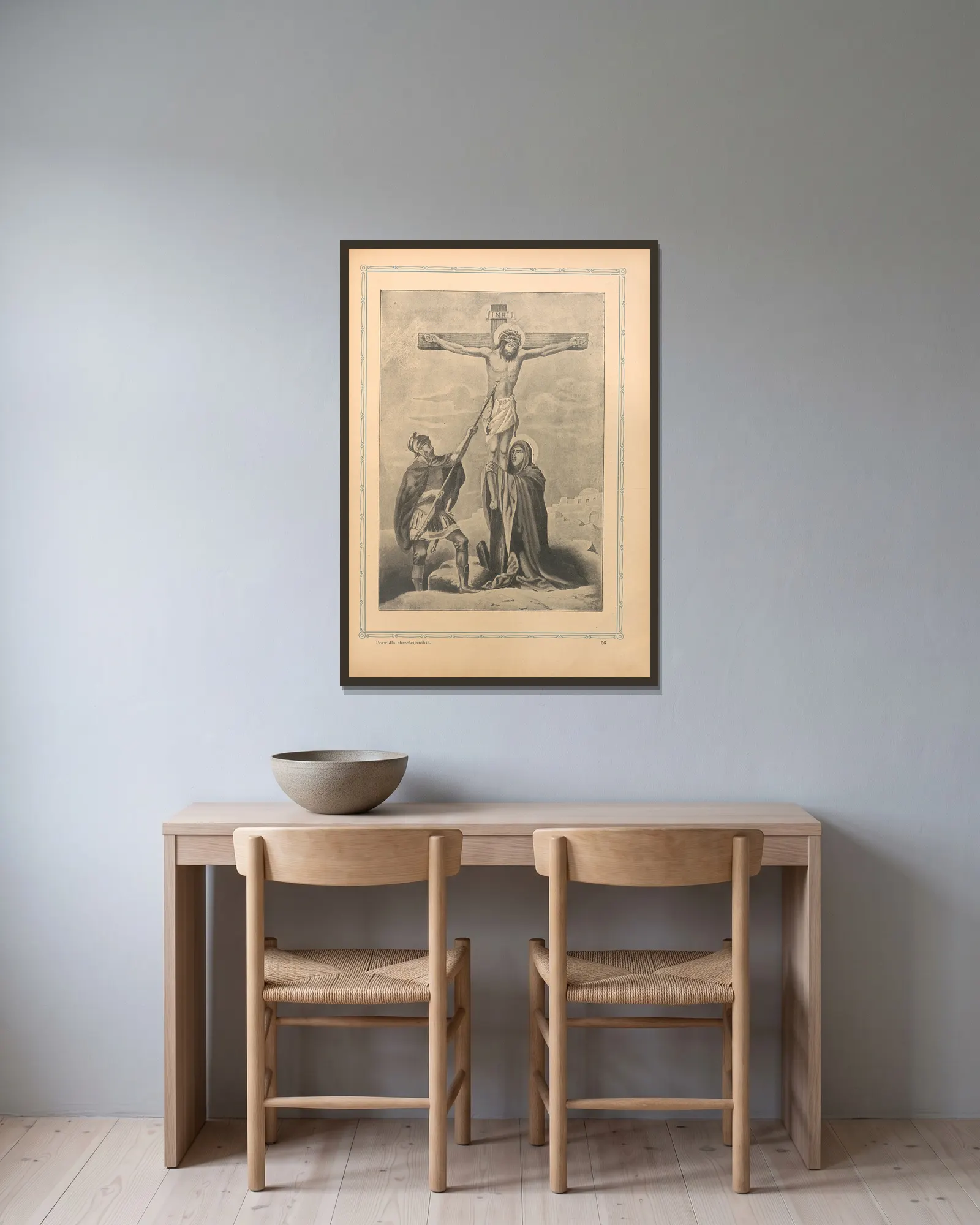 Crucifixion av Otto Bitschnau inramad på en vägg