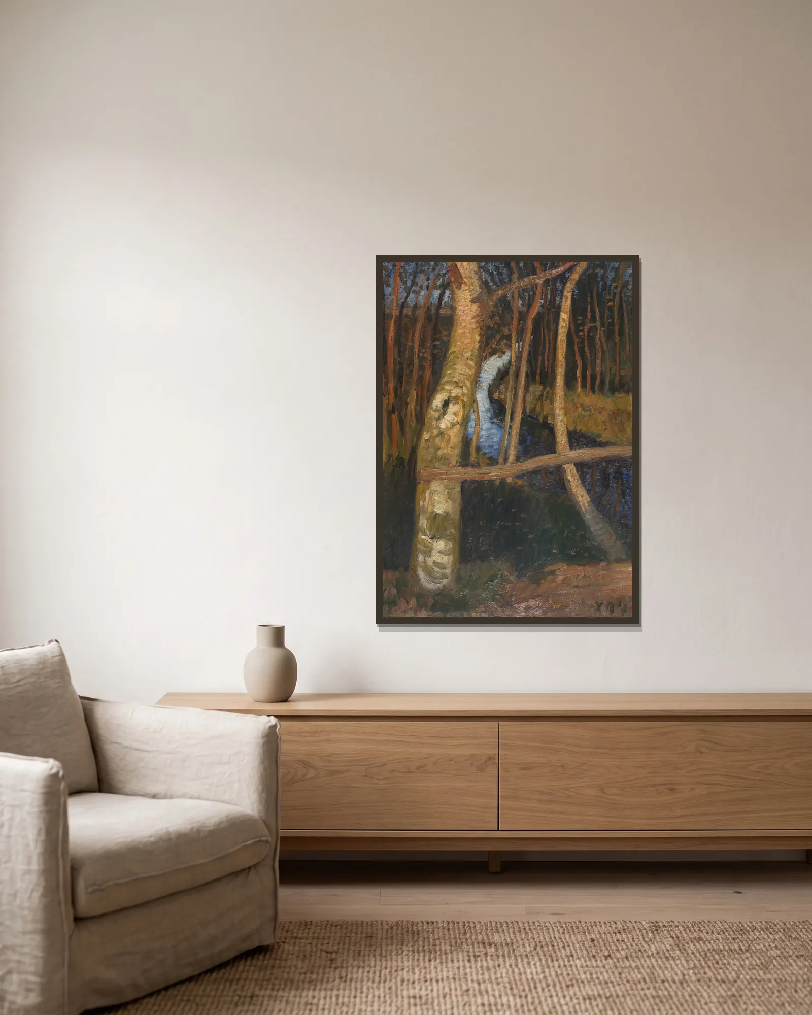 Birken am Moorgraben av Otto Modersohn inramad på en vägg