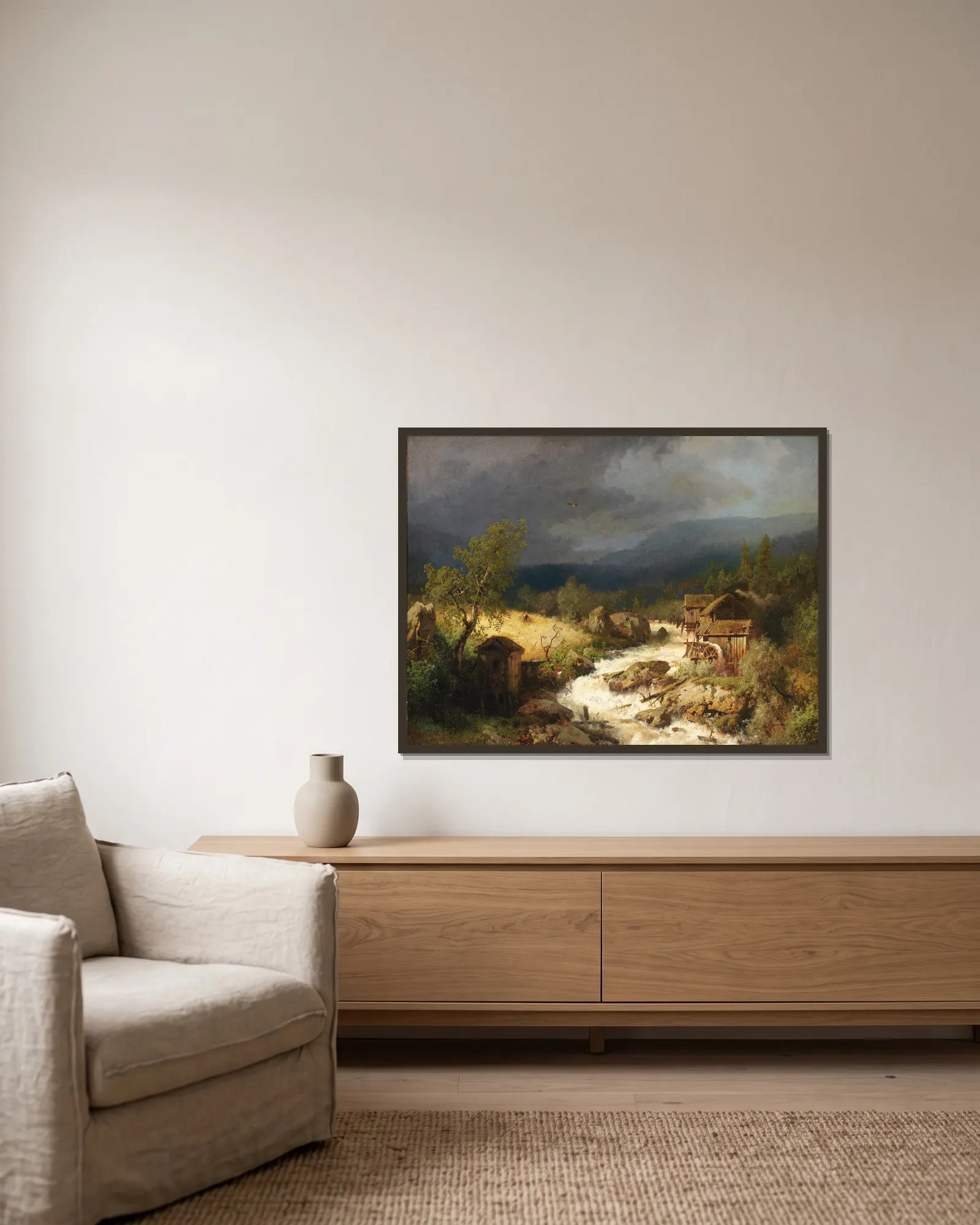 Mill on a Torrent av Hermann Ottomar Herzog inramad på en vägg