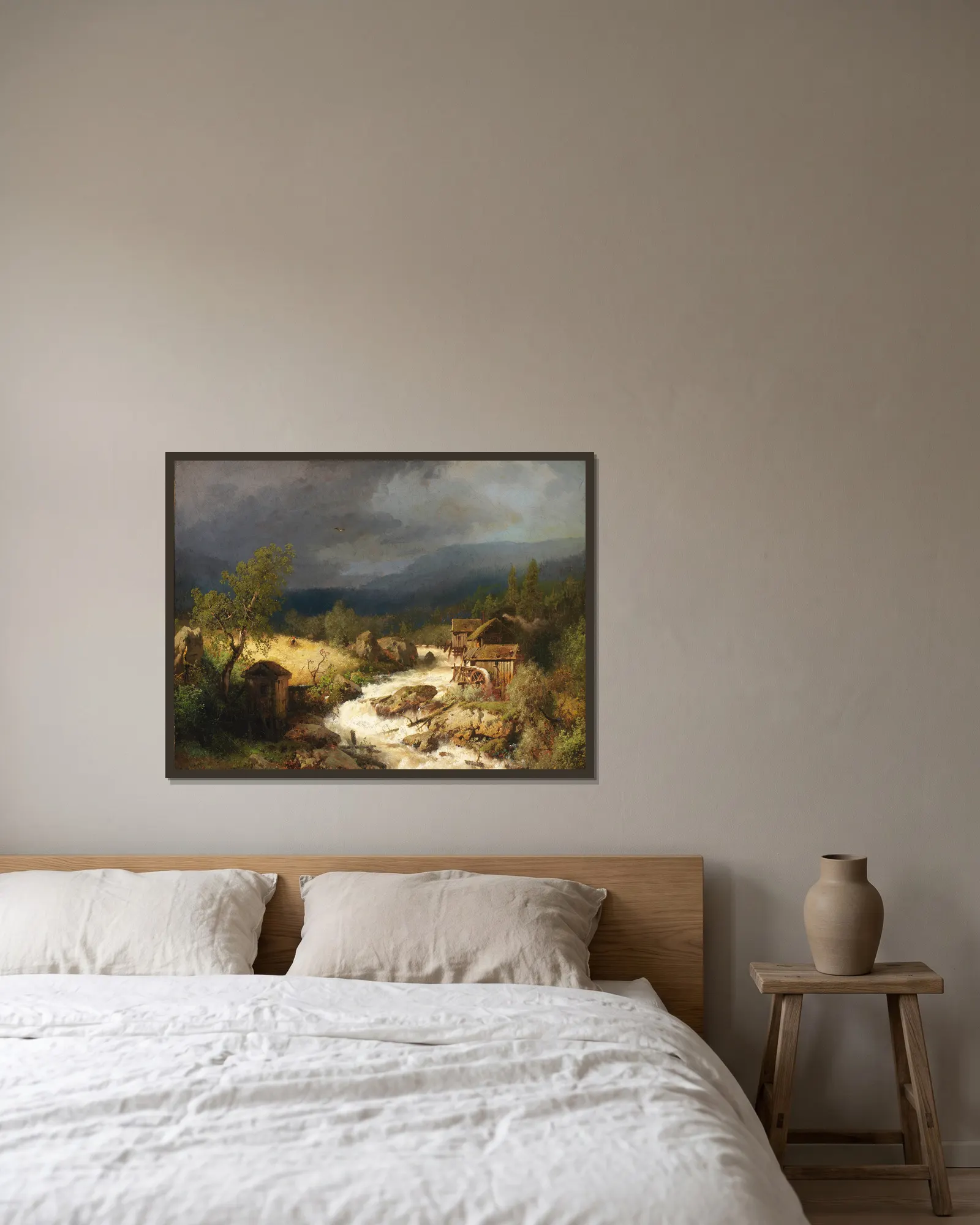 Mill on a Torrent av Hermann Ottomar Herzog inramad på en vägg