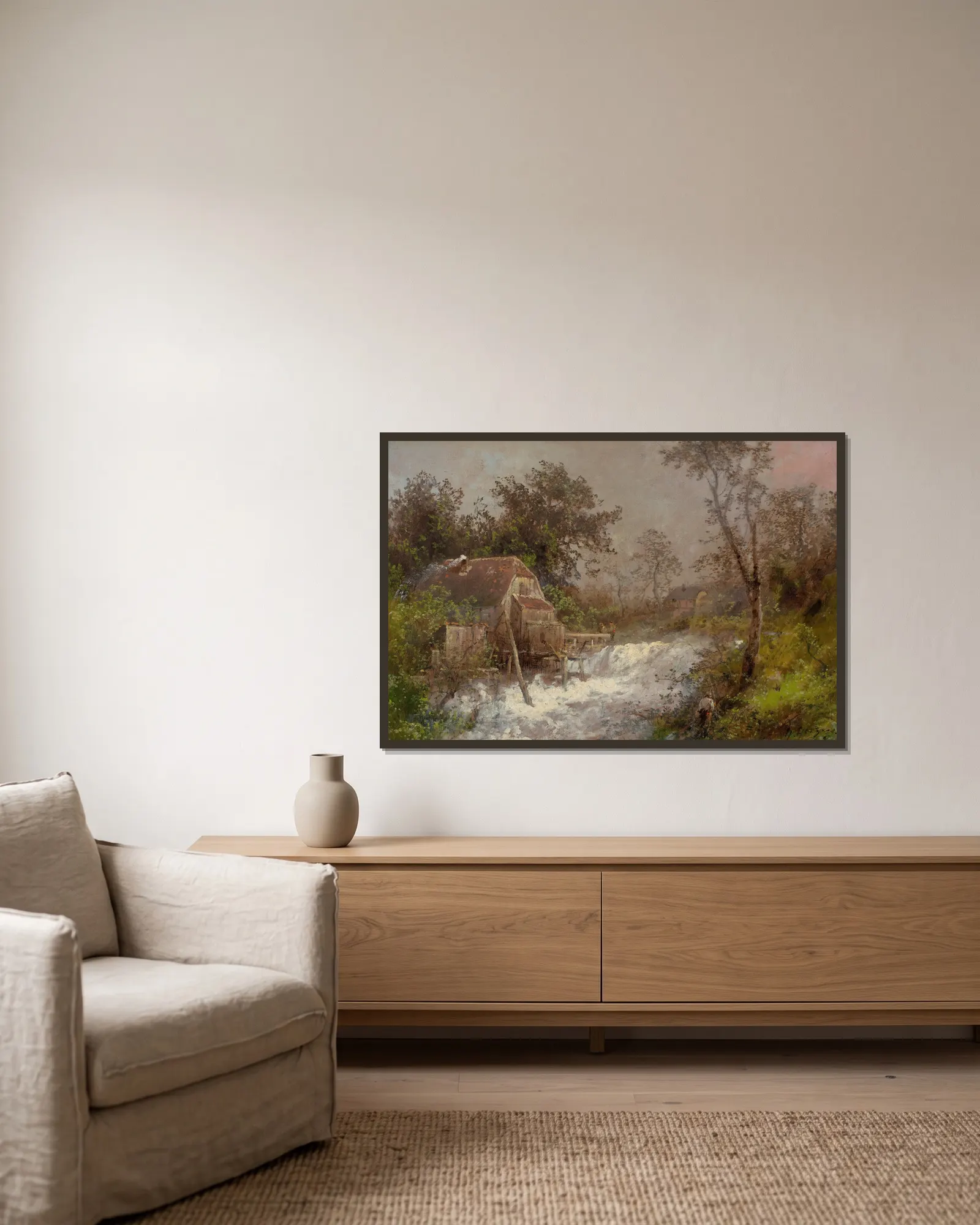 The Old Mill av Hermann Ottomar Herzog inramad på en vägg