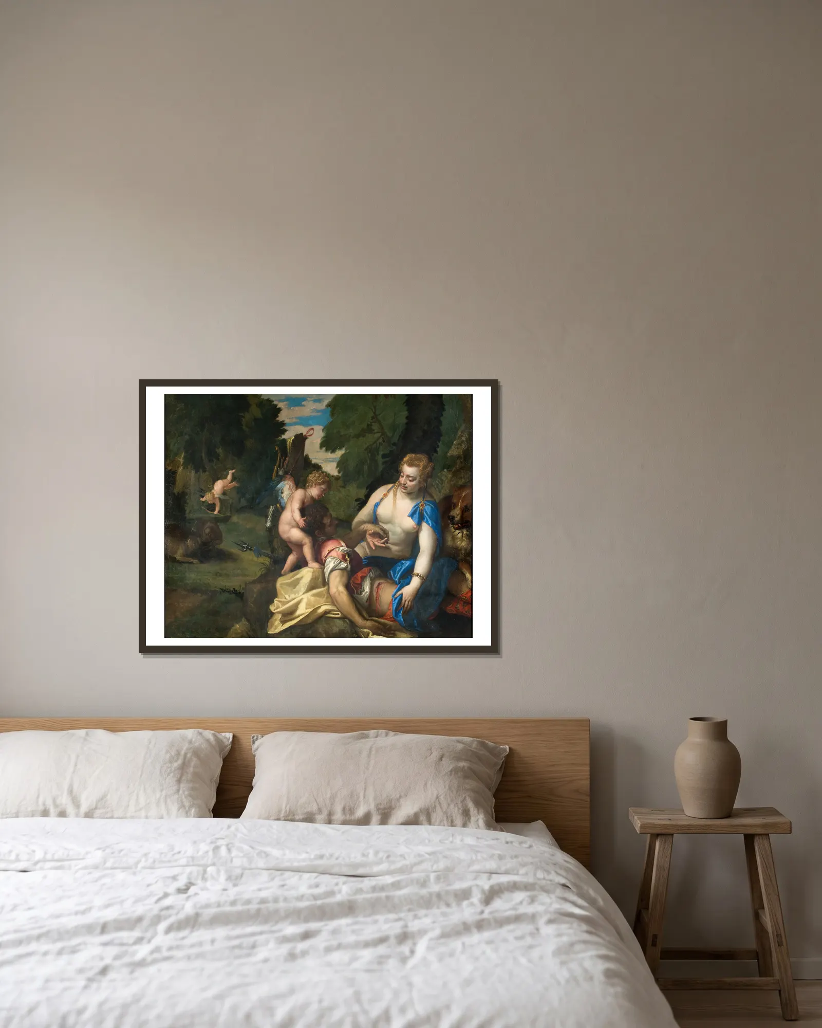 Venus Mourning Adonis av Paolo Veronese inramad på en vägg