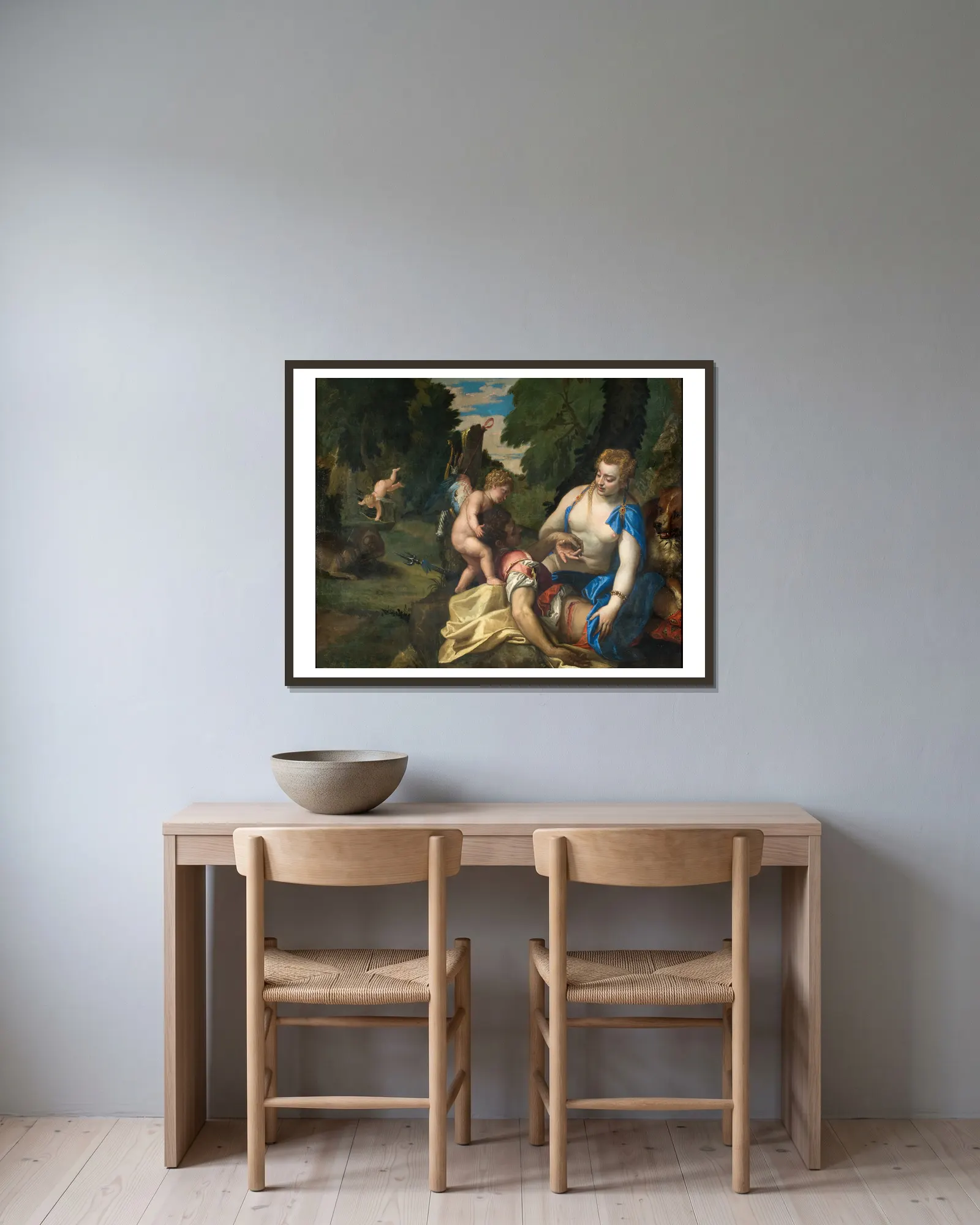 Venus Mourning Adonis av Paolo Veronese inramad på en vägg