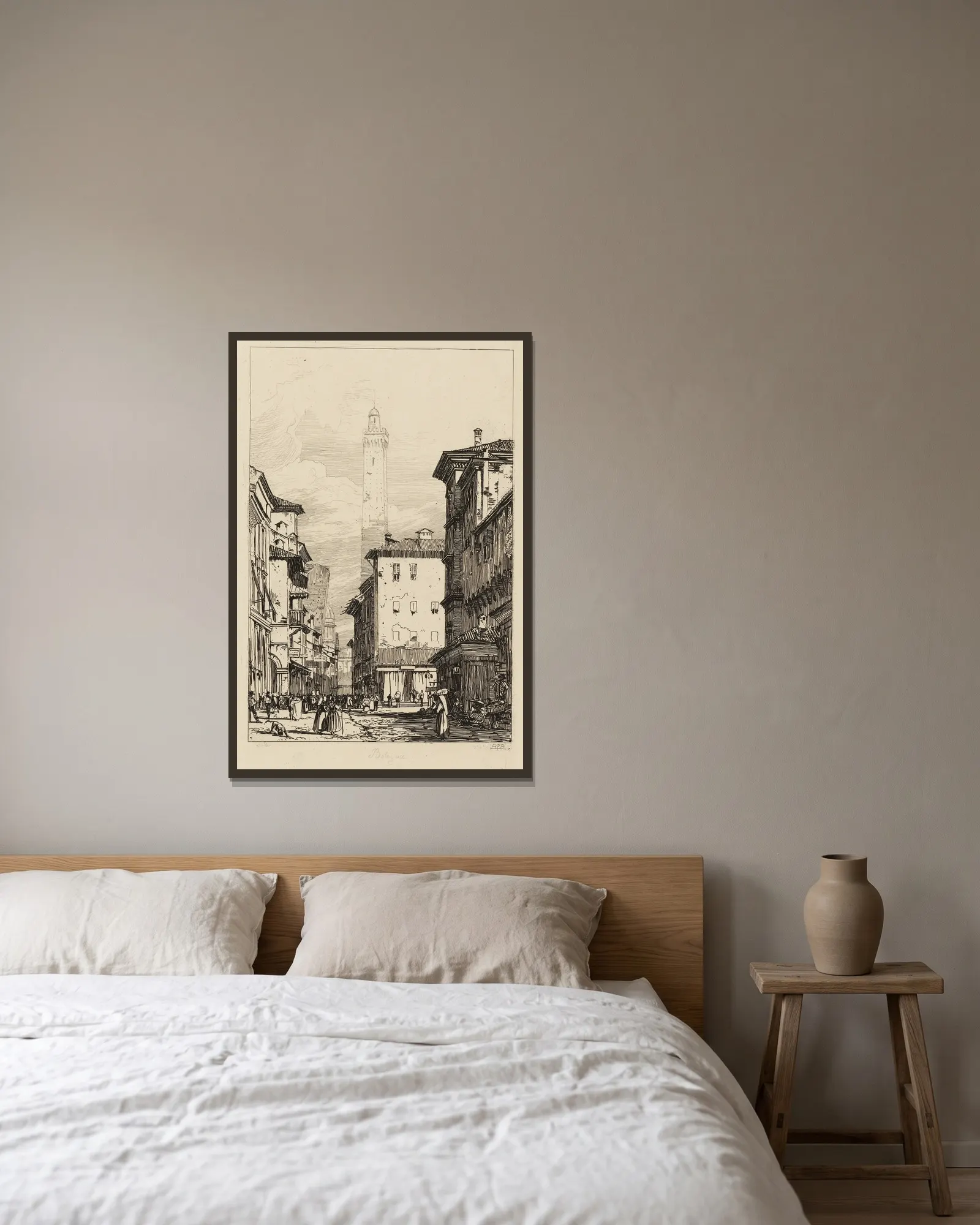 Bologna av Richard Parkes Bonington inramad på en vägg