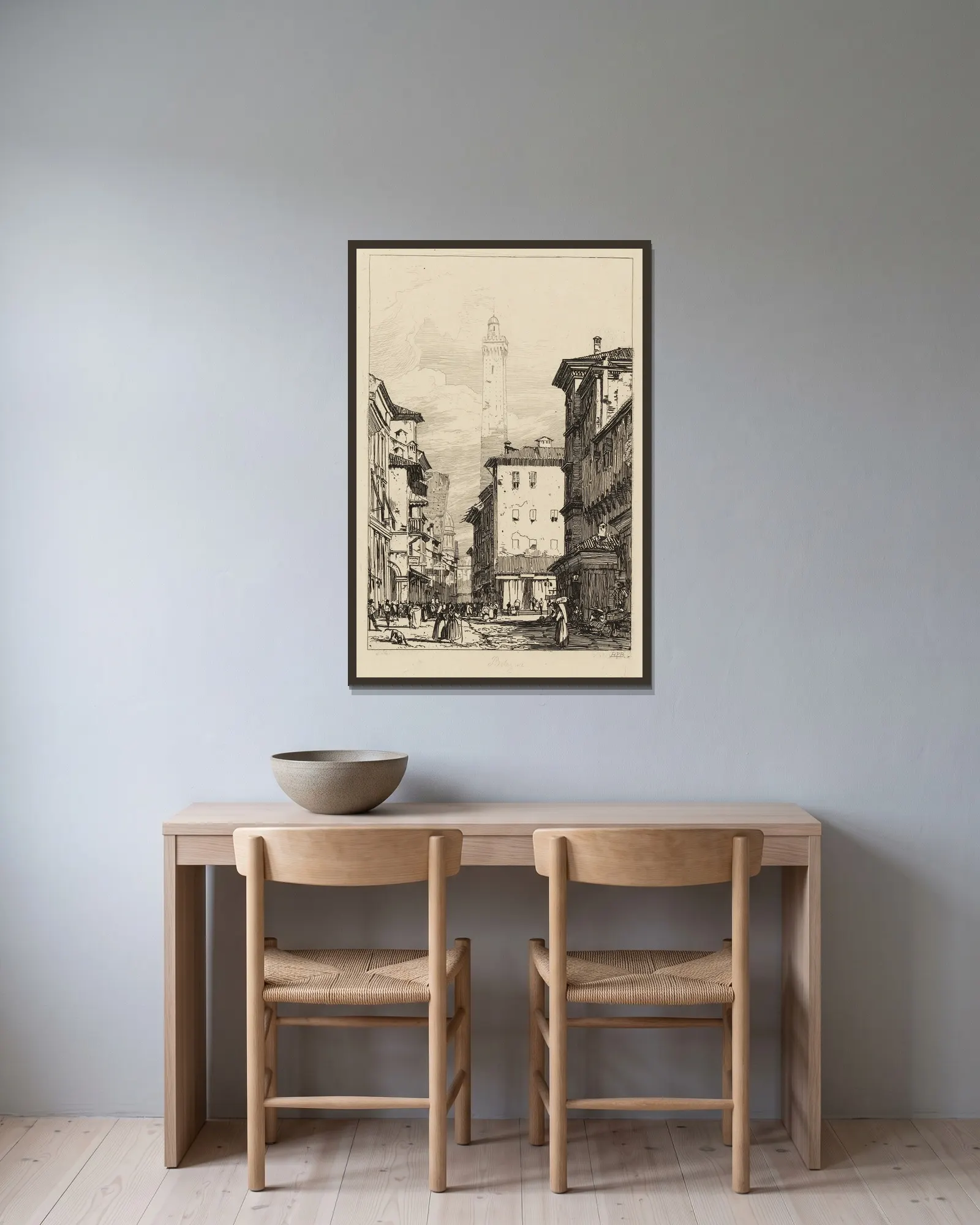 Bologna av Richard Parkes Bonington inramad på en vägg