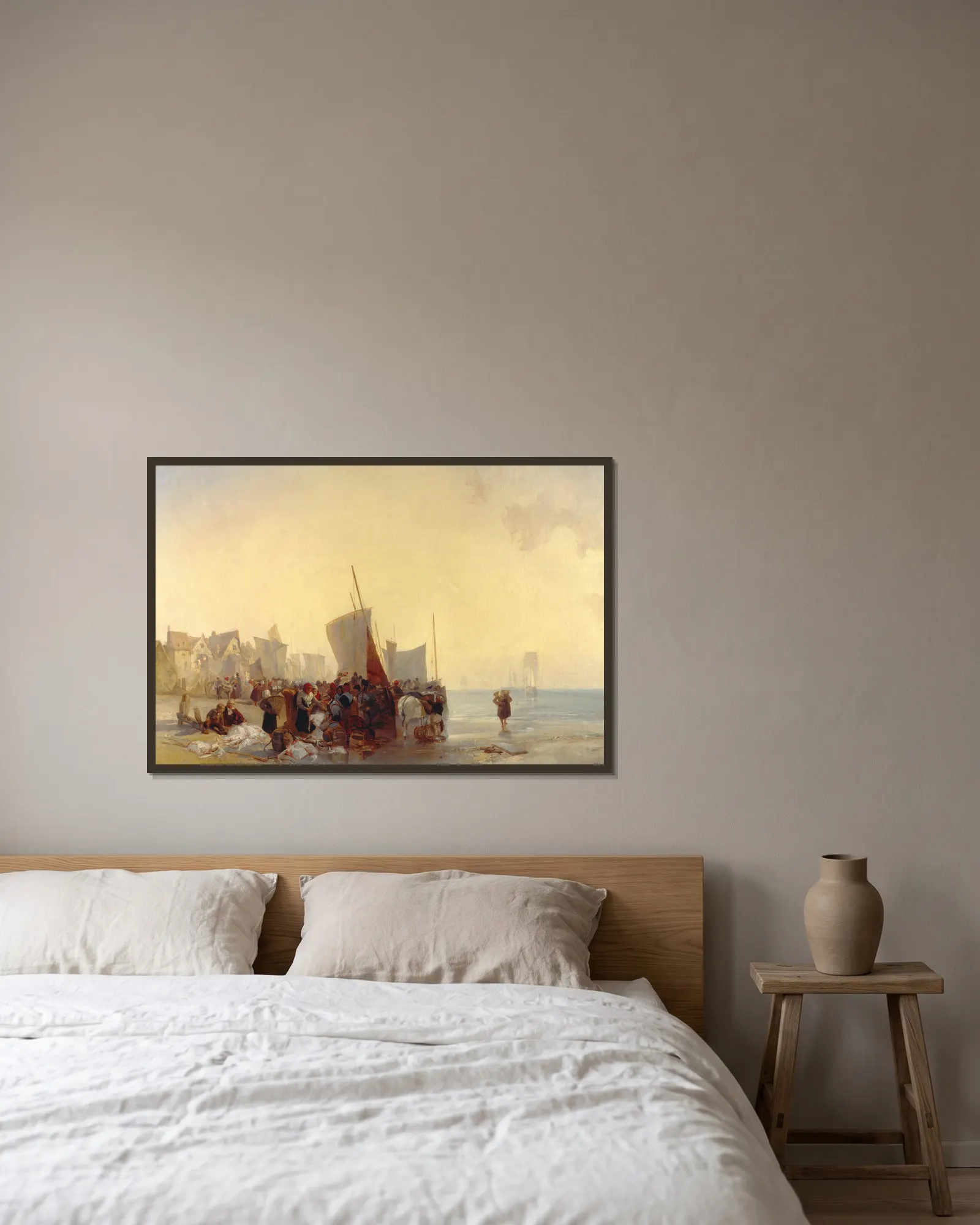 Fishmarket av Richard Parkes Bonington inramad på en vägg